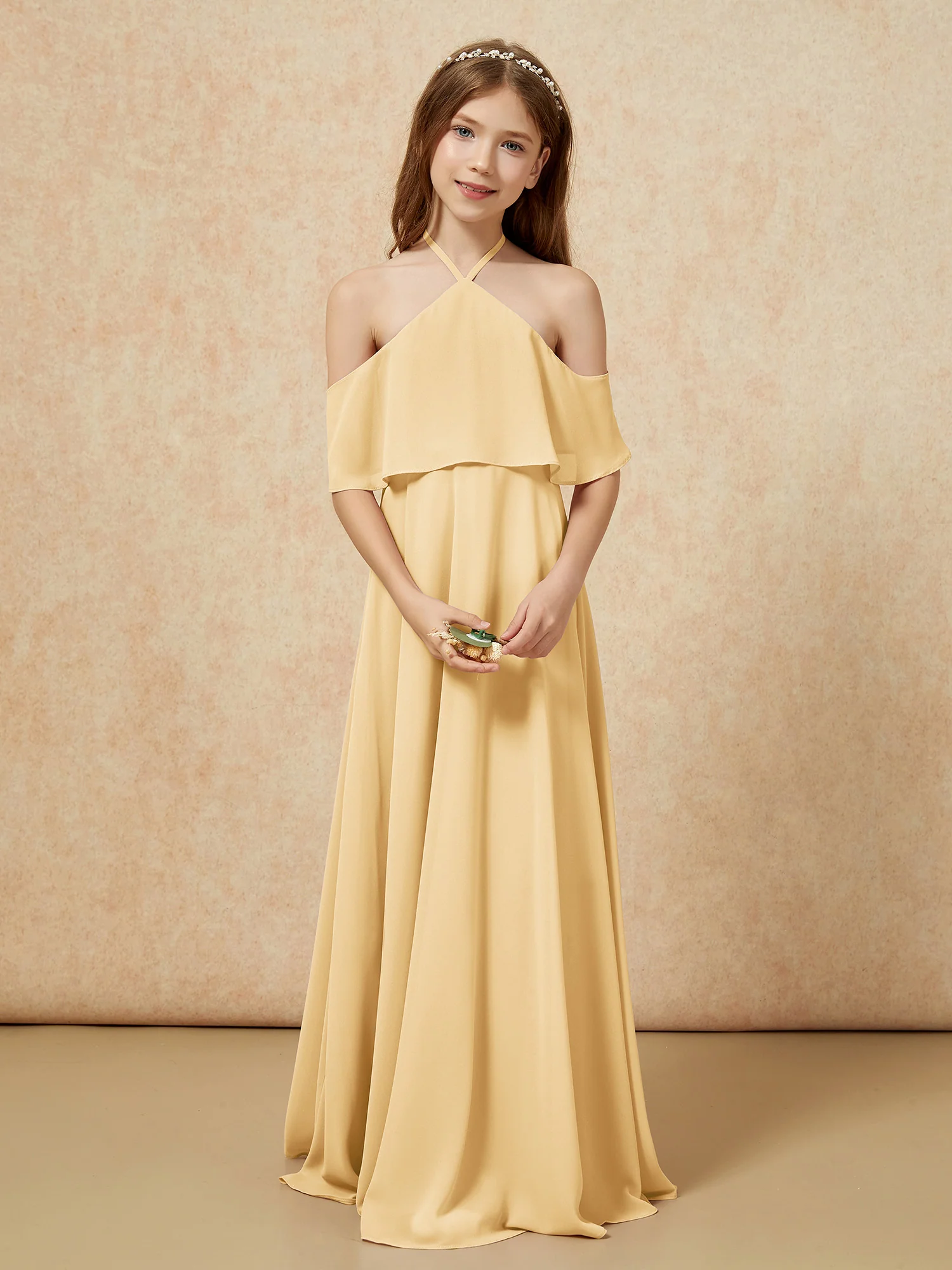 Simple Halter Floor-length Junior Bridesmaid Dress Gold - Image 4