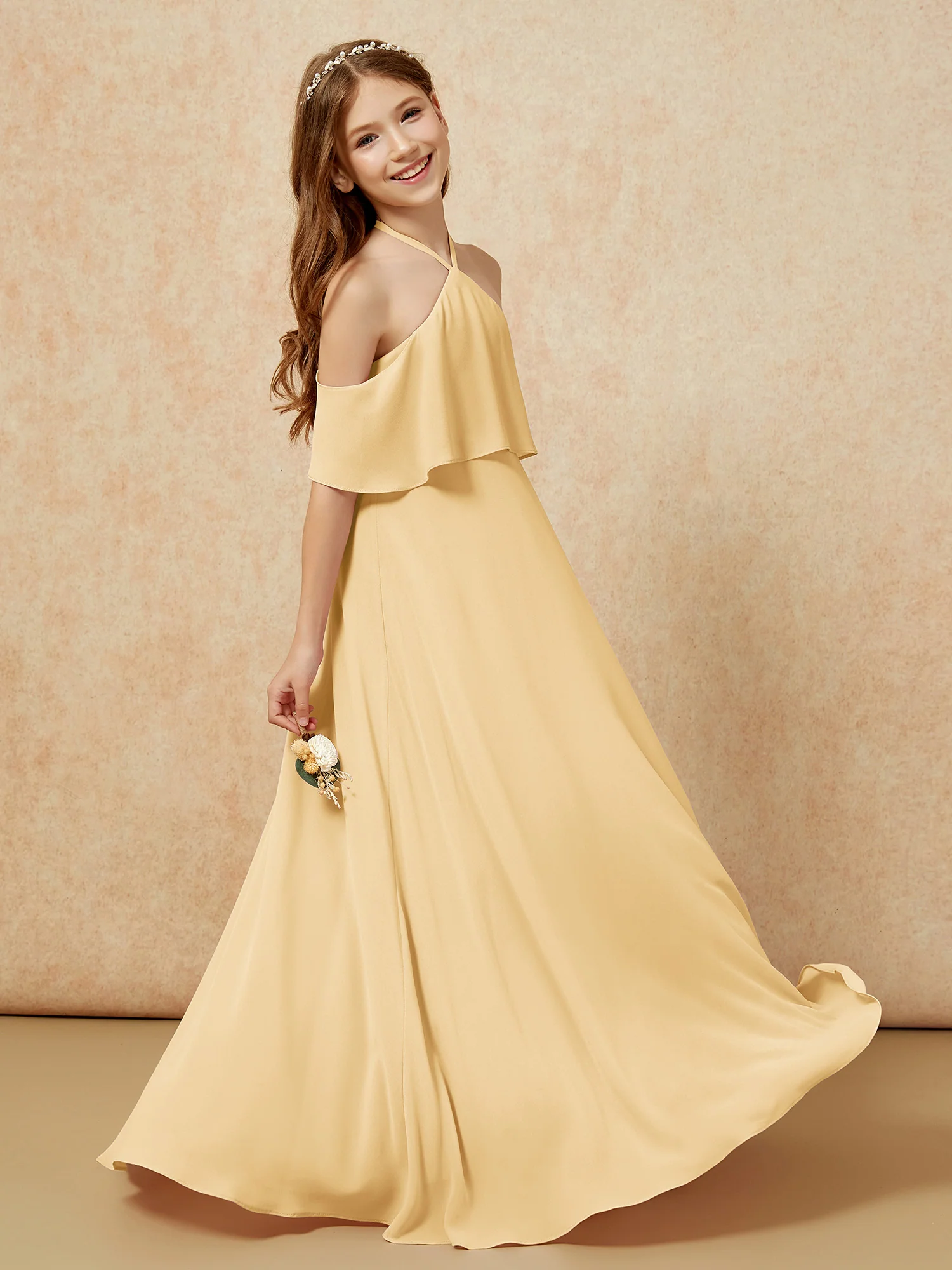 Simple Halter Floor-length Junior Bridesmaid Dress Gold - Image 5