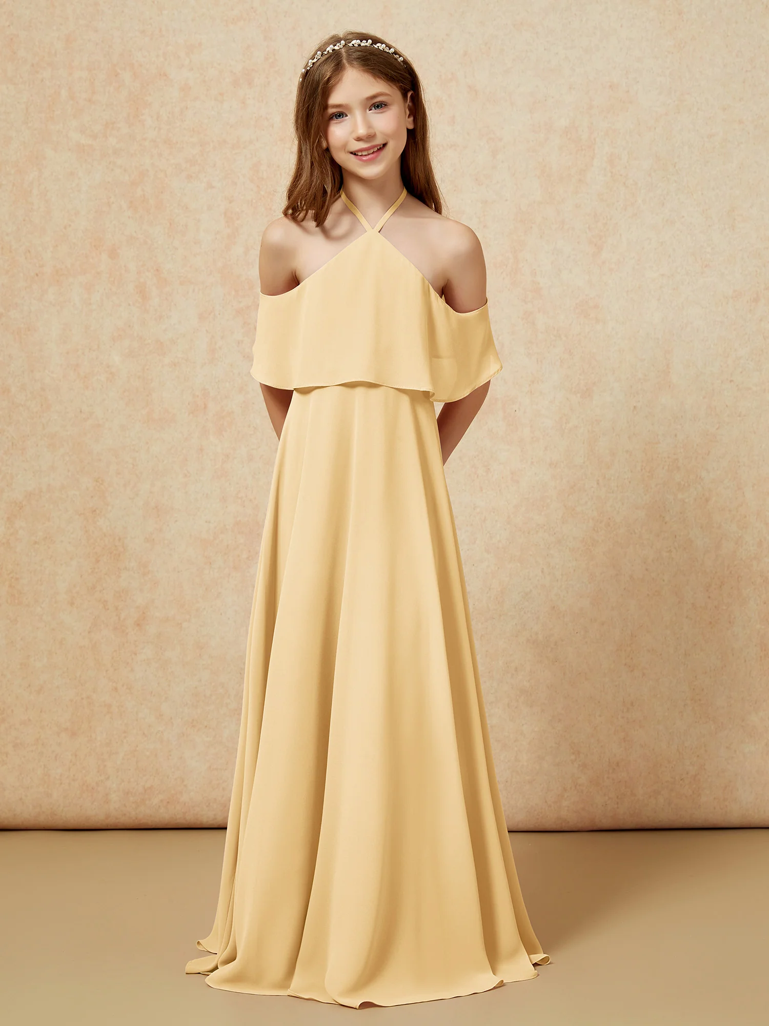 Simple Halter Floor-length Junior Bridesmaid Dress Gold - Image 6
