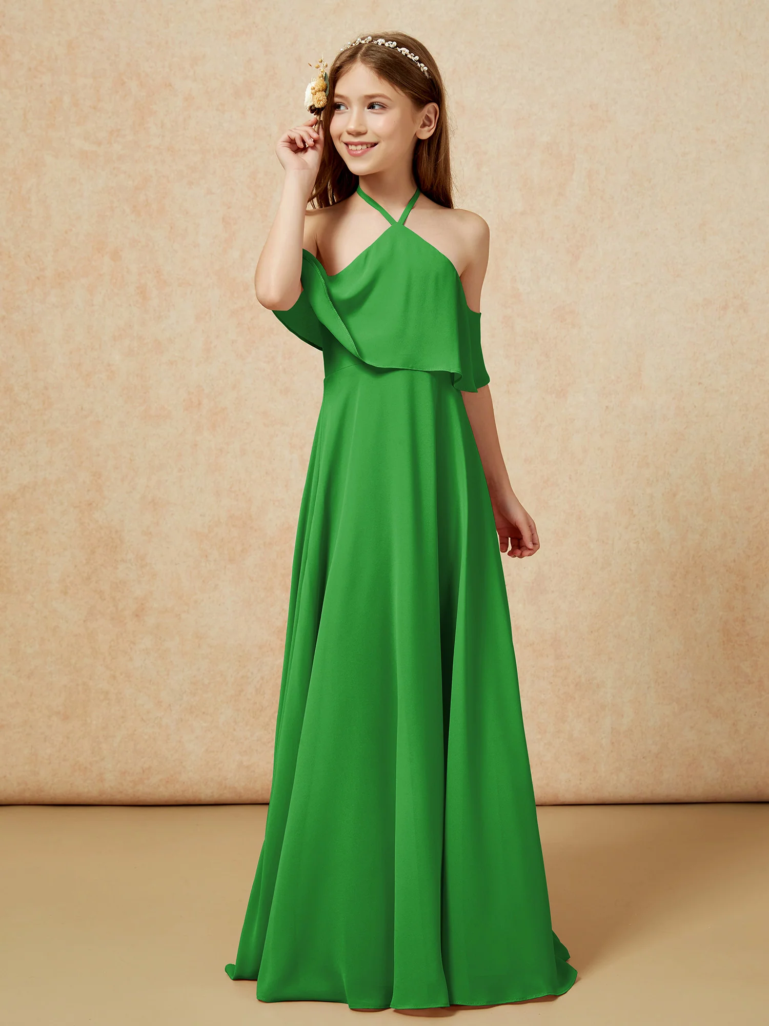 Simple Halter Floor-length Junior Bridesmaid Dress Green