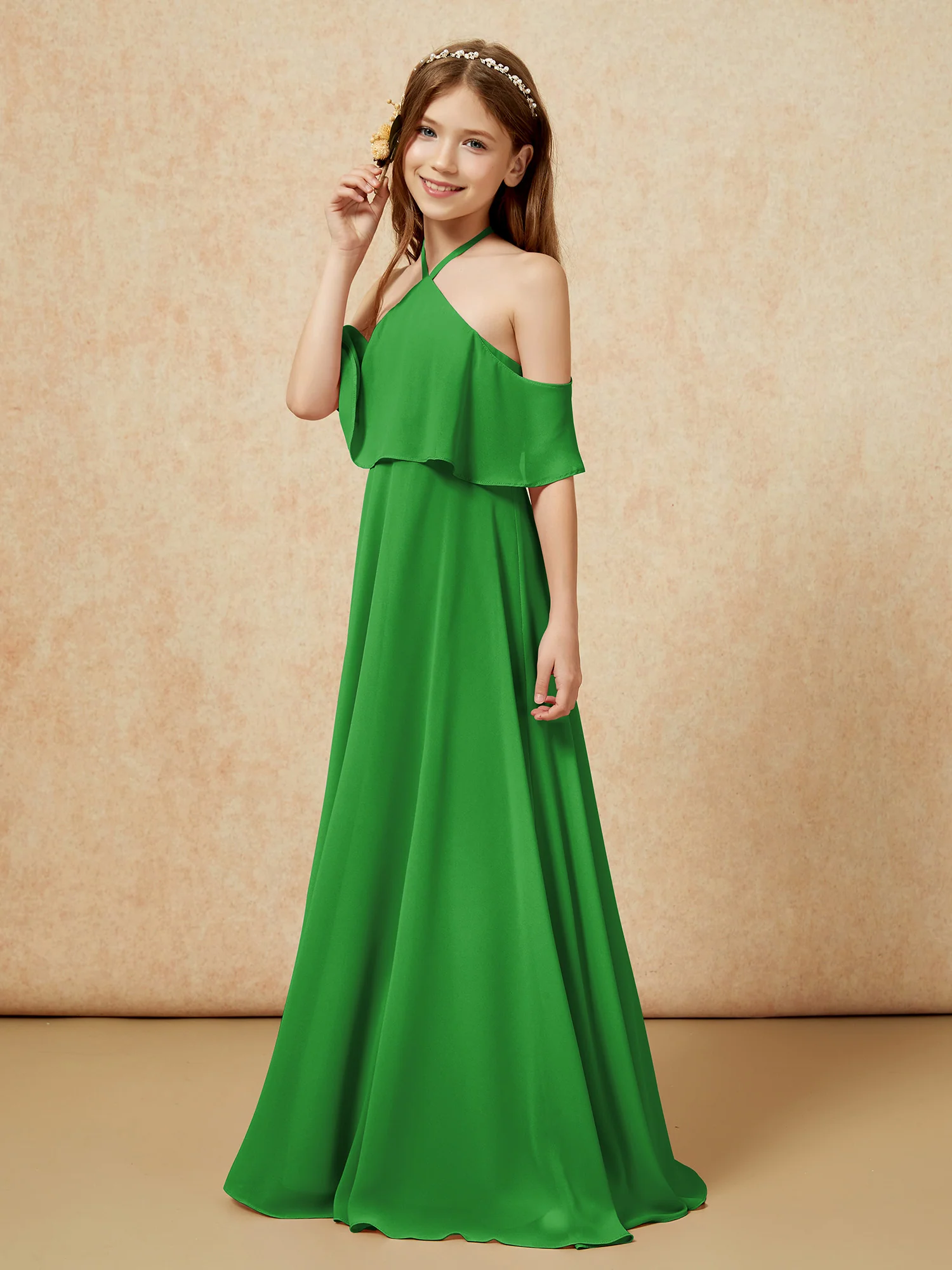 Simple Halter Floor-length Junior Bridesmaid Dress Green - Image 3