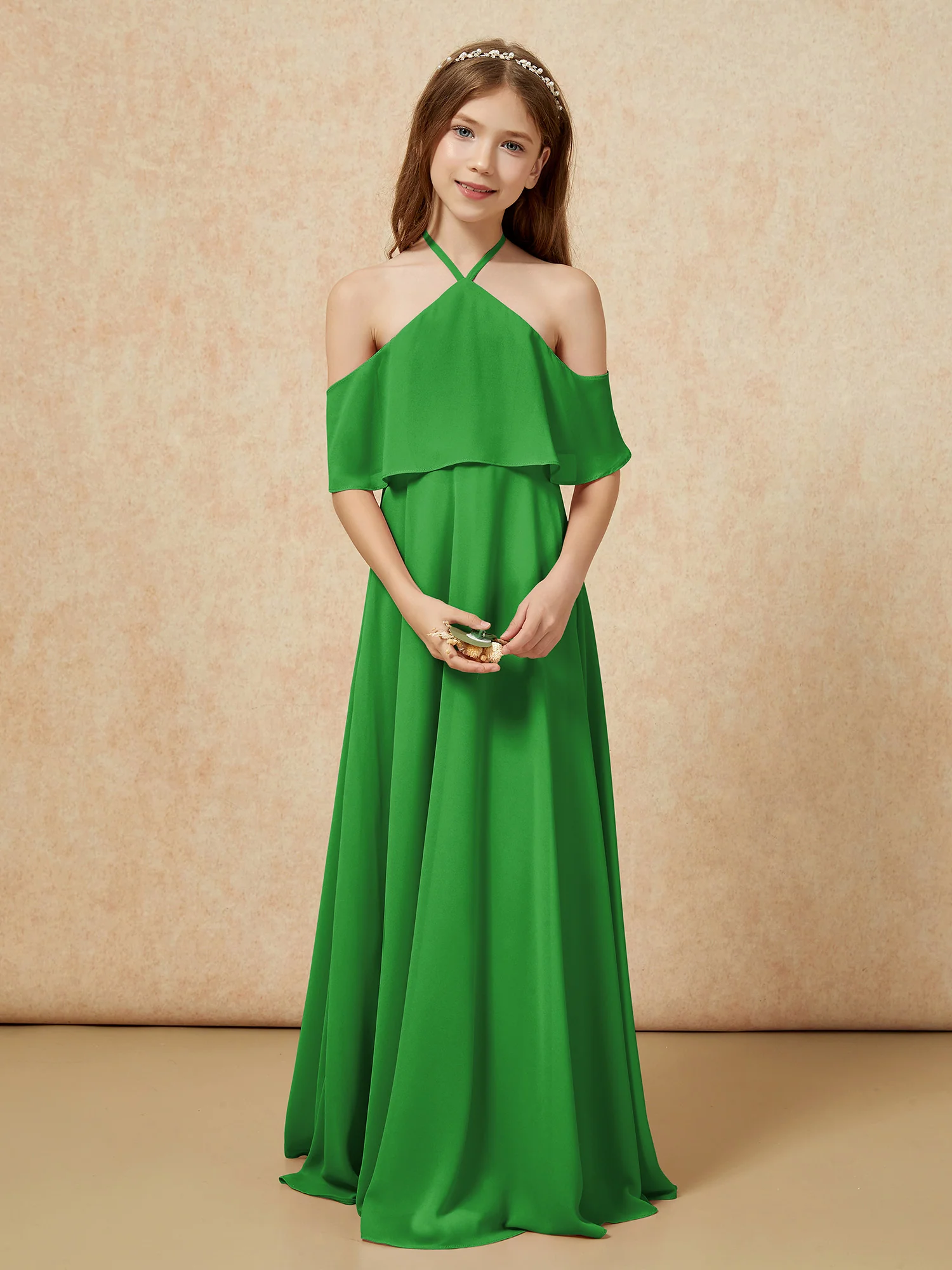 Simple Halter Floor-length Junior Bridesmaid Dress Green - Image 4