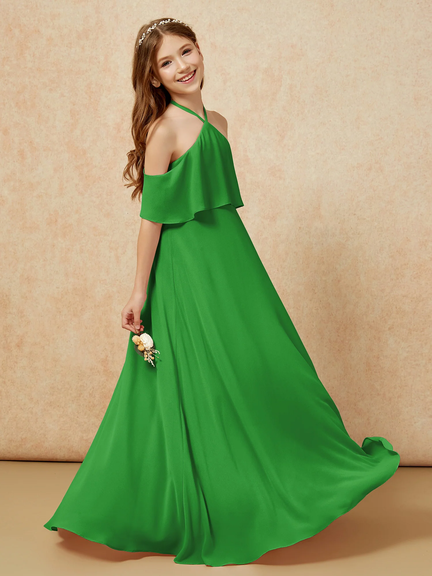 Simple Halter Floor-length Junior Bridesmaid Dress Green - Image 5