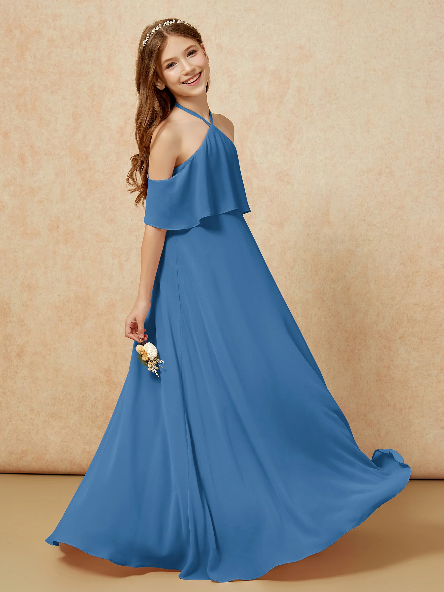 Simple Halter Floor-length Junior Bridesmaid Dress Ink Blue - Image 5
