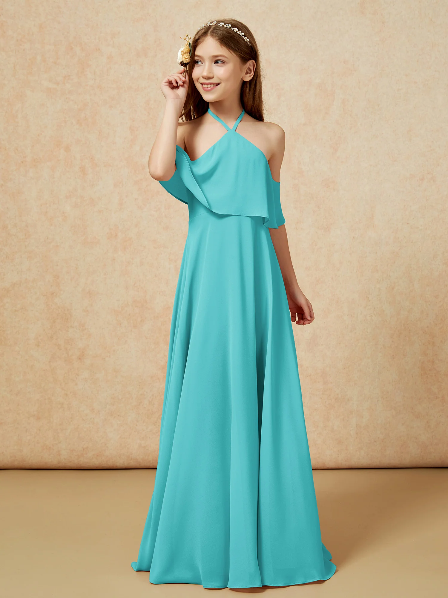 Simple Halter Floor-length Junior Bridesmaid Dress Jade