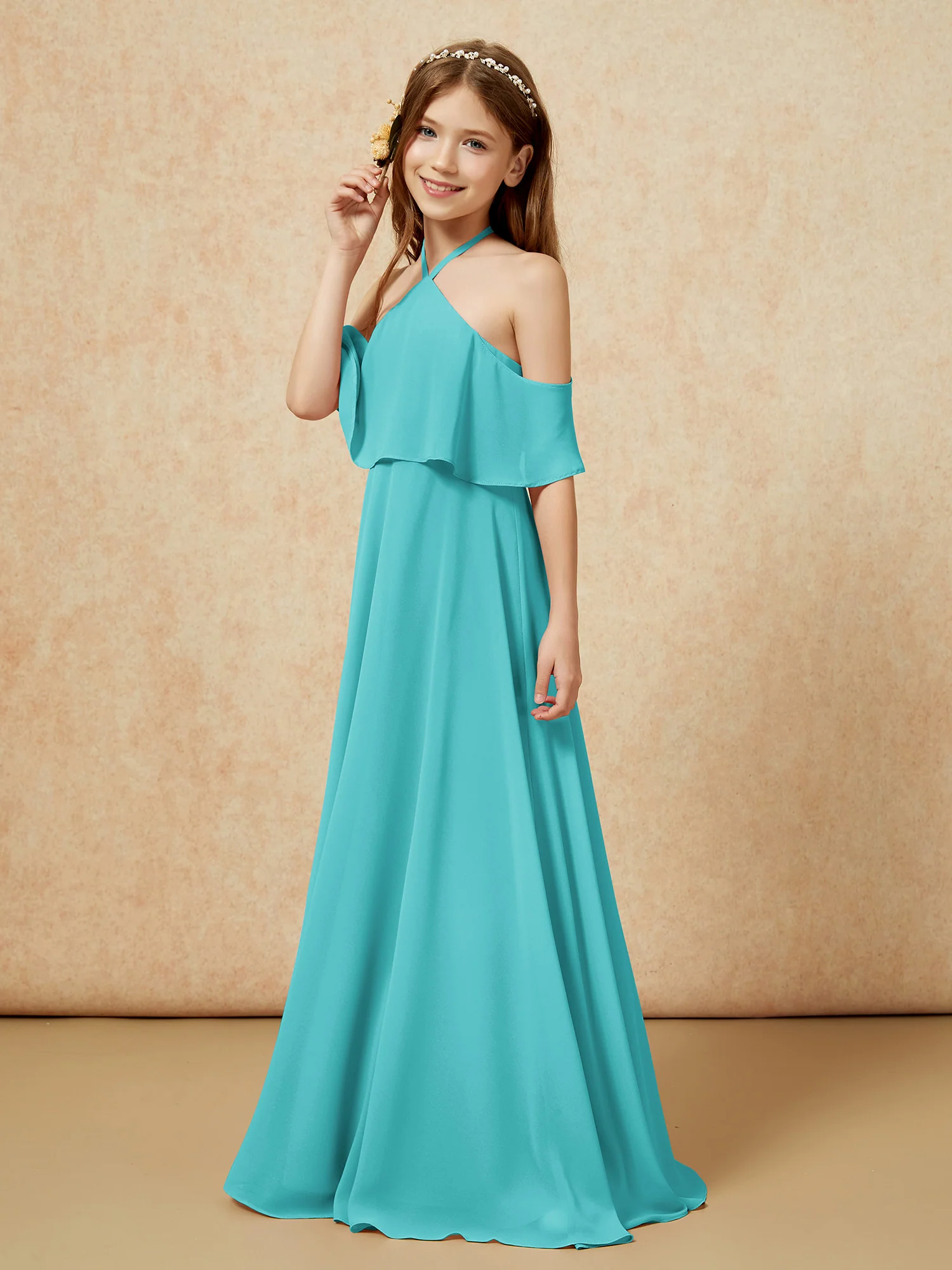 Simple Halter Floor-length Junior Bridesmaid Dress Jade - Image 3