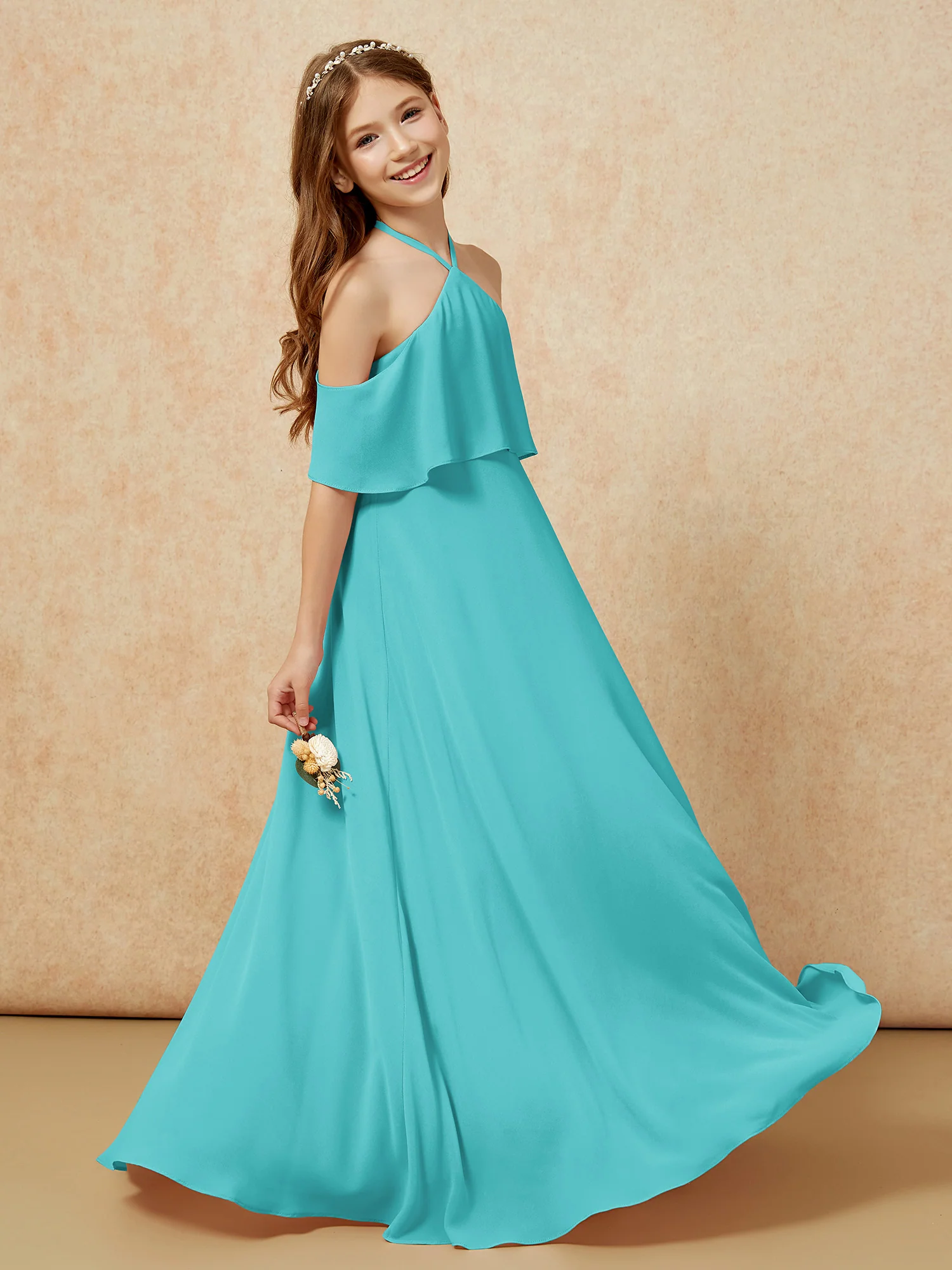Simple Halter Floor-length Junior Bridesmaid Dress Jade - Image 5