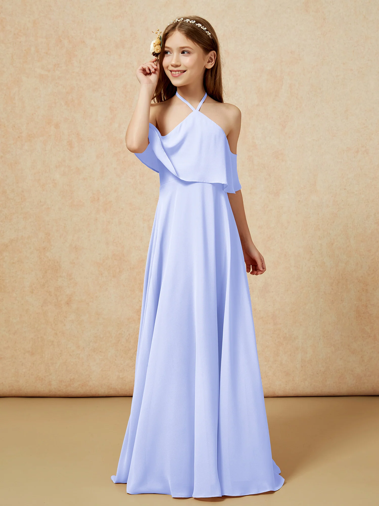 Simple Halter Floor-length Junior Bridesmaid Dress Lavender