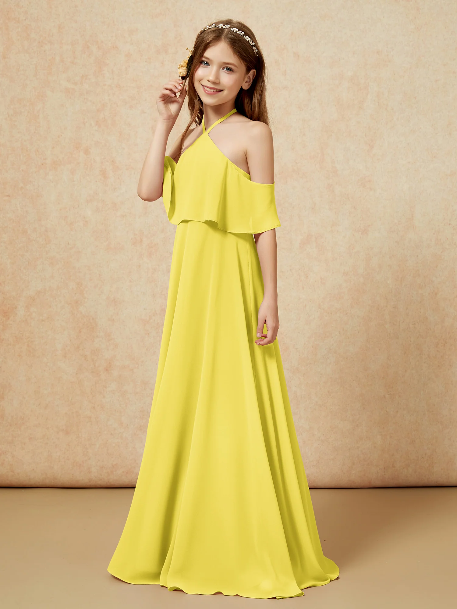 Simple Halter Floor-length Junior Bridesmaid Dress Lemon - Image 3