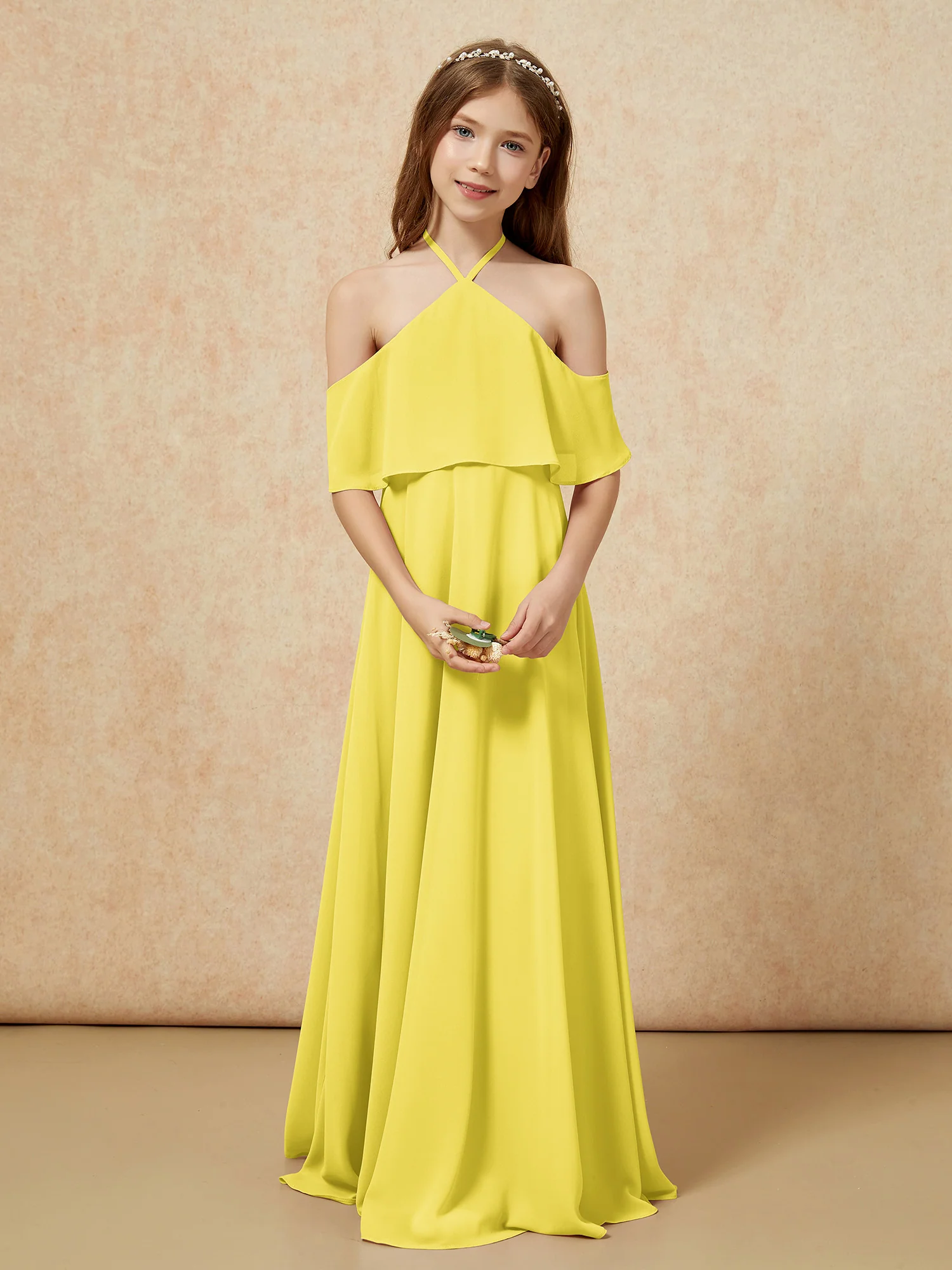 Simple Halter Floor-length Junior Bridesmaid Dress Lemon - Image 4