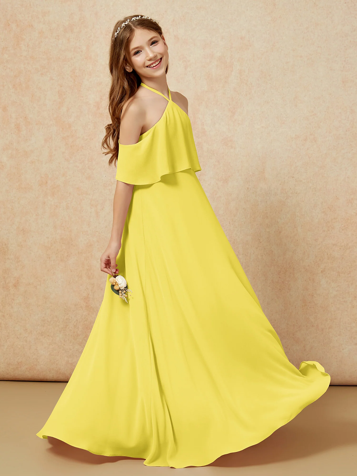 Simple Halter Floor-length Junior Bridesmaid Dress Lemon - Image 5