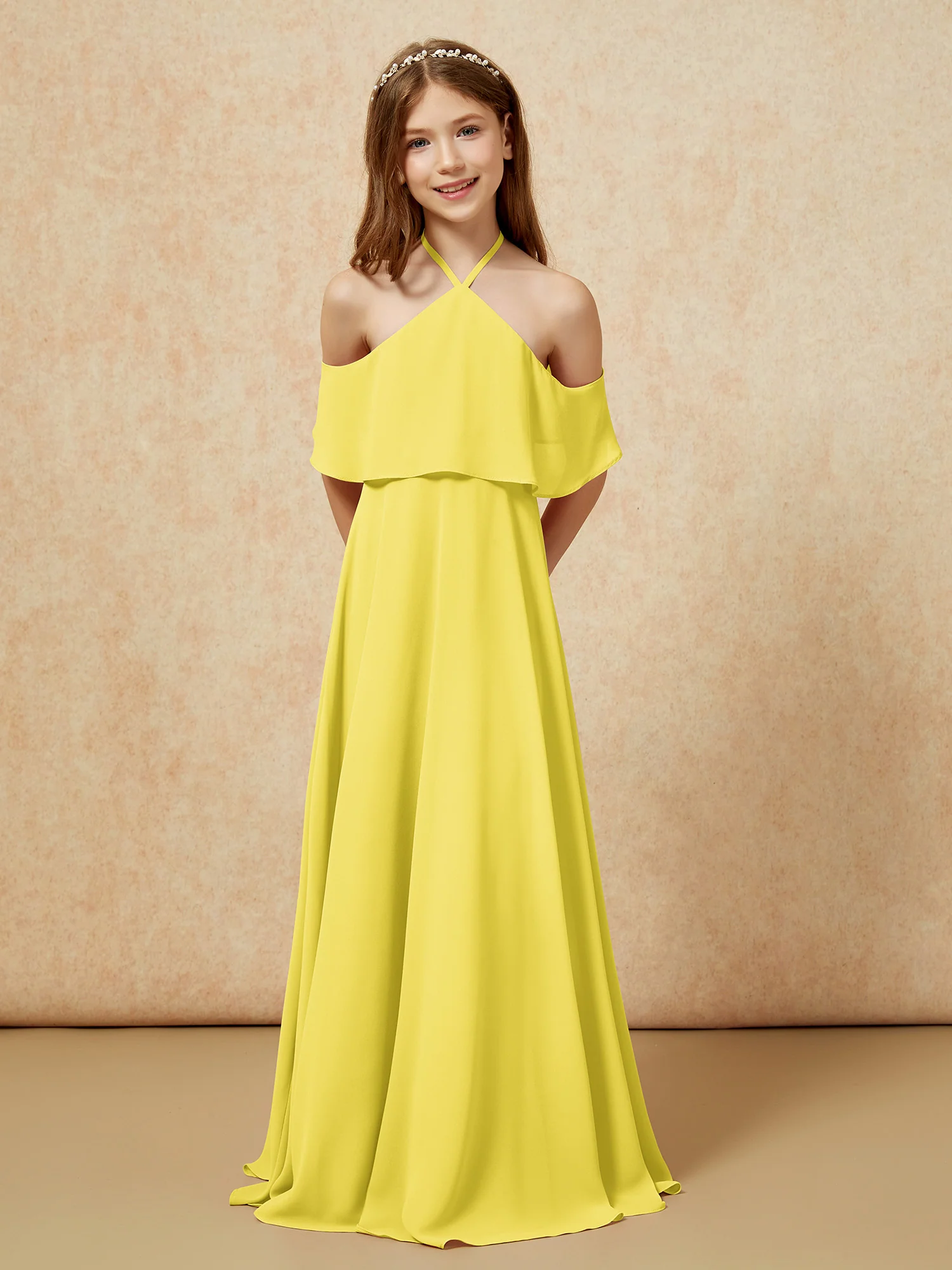 Simple Halter Floor-length Junior Bridesmaid Dress Lemon - Image 6