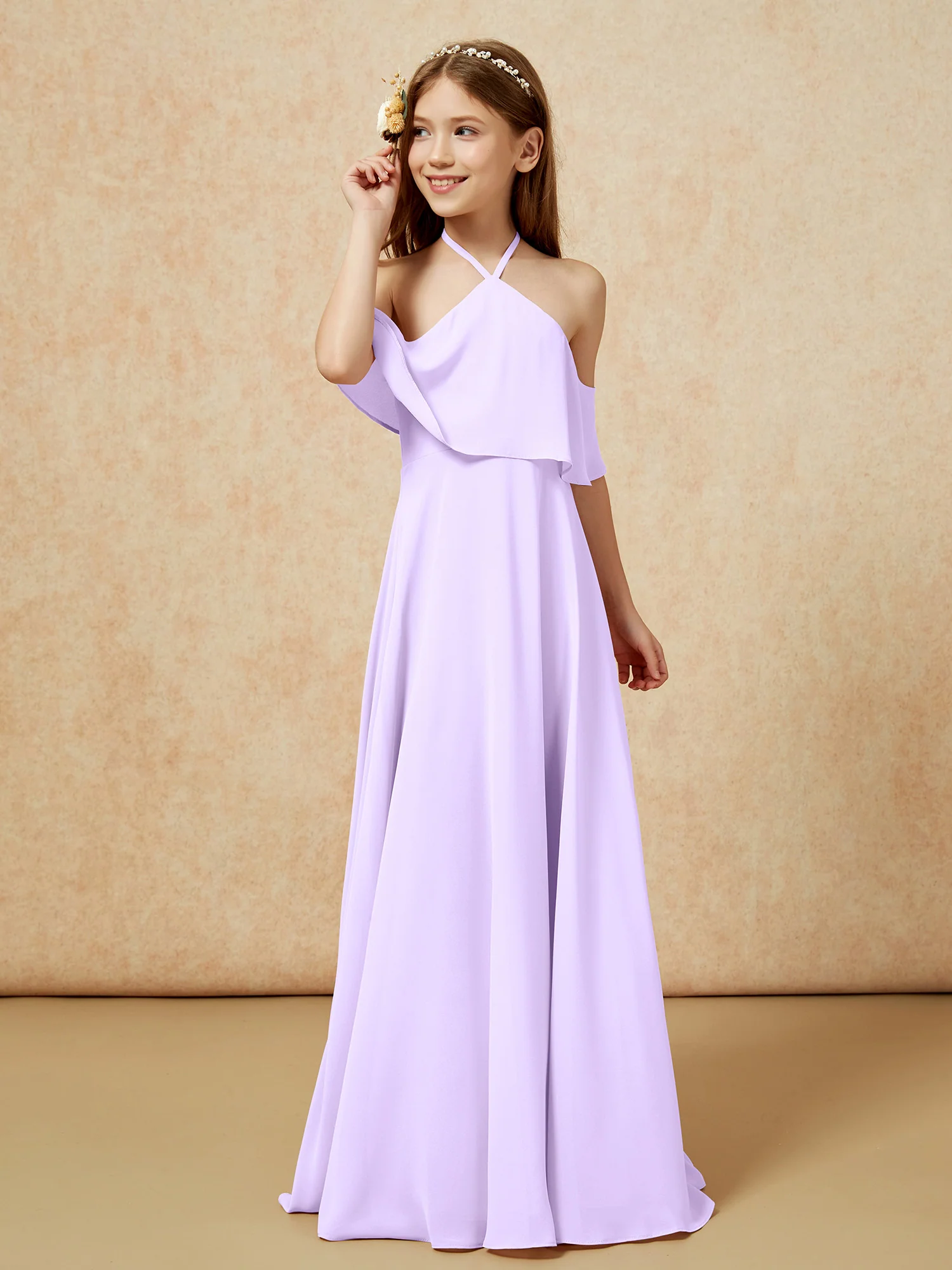 Simple Halter Floor-length Junior Bridesmaid Dress Lilac