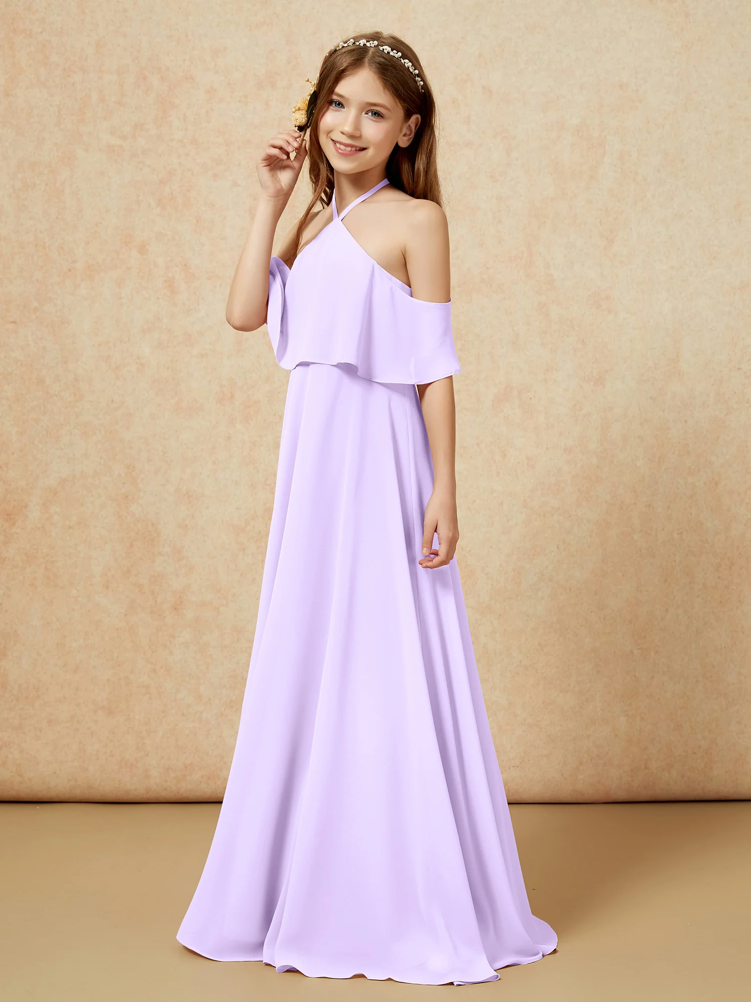 Simple Halter Floor-length Junior Bridesmaid Dress Lilac - Image 3