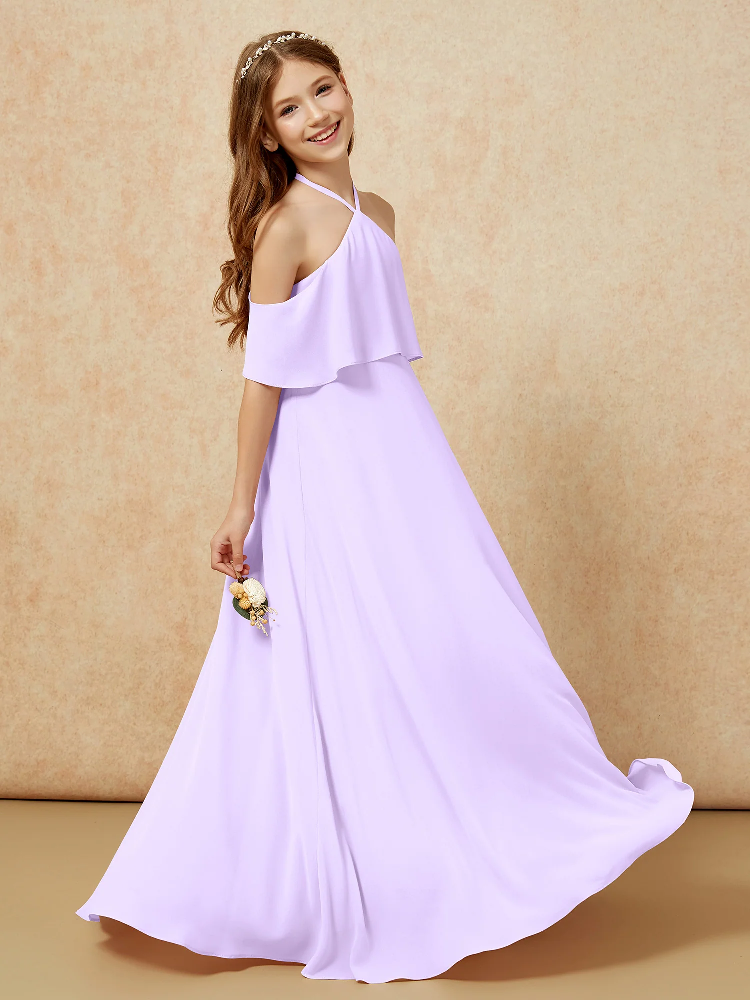 Simple Halter Floor-length Junior Bridesmaid Dress Lilac - Image 5