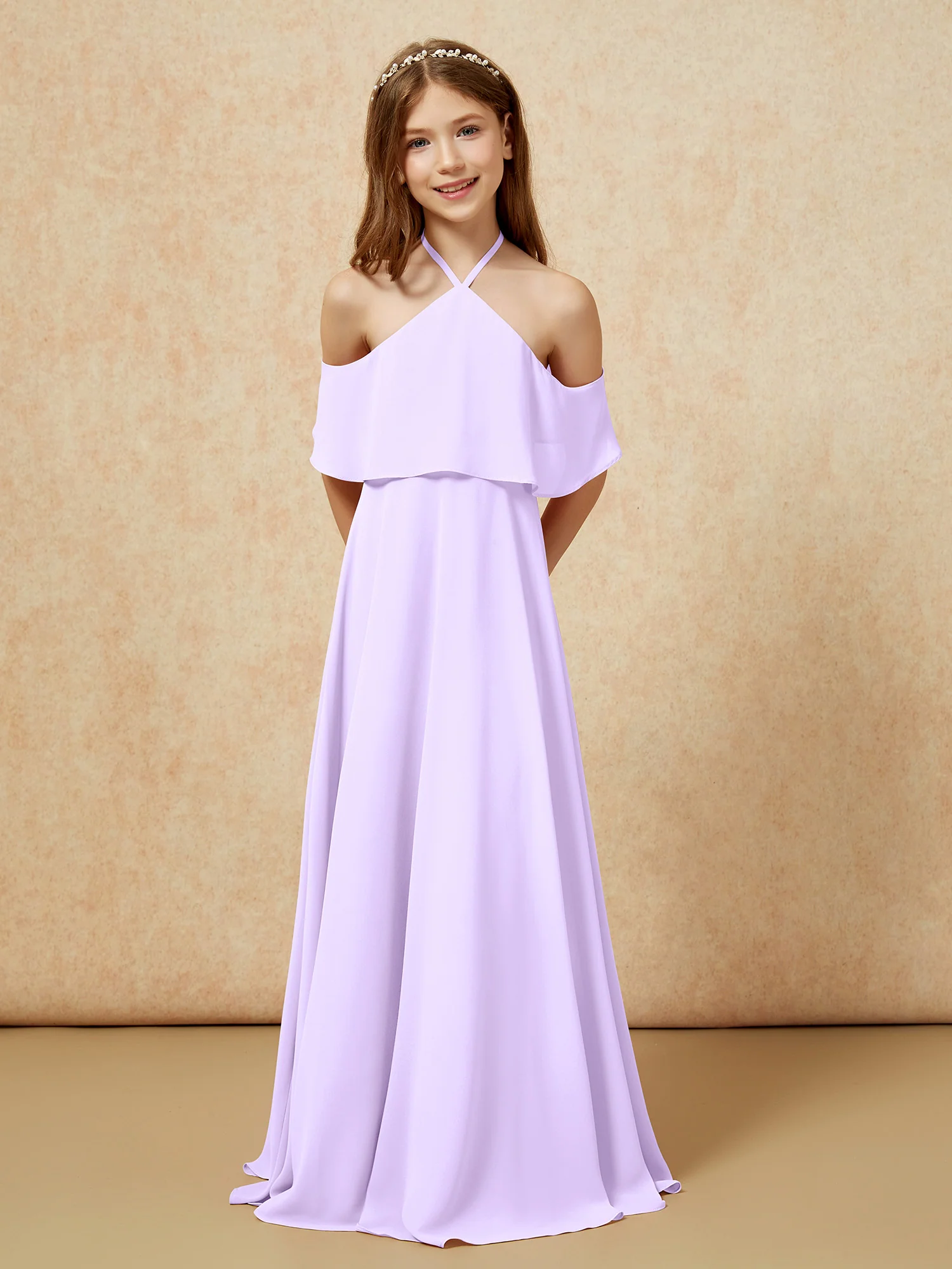 Simple Halter Floor-length Junior Bridesmaid Dress Lilac - Image 6