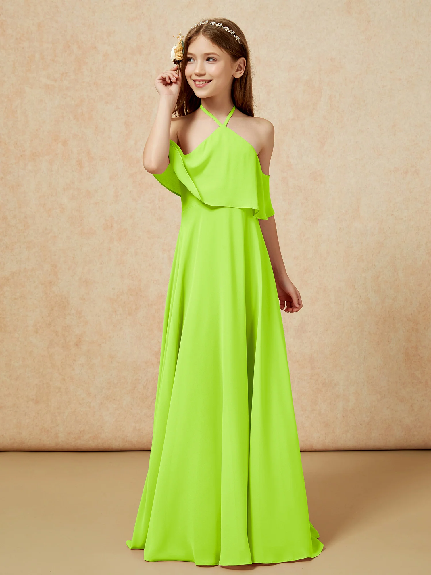 Simple Halter Floor-length Junior Bridesmaid Dress Lime Green