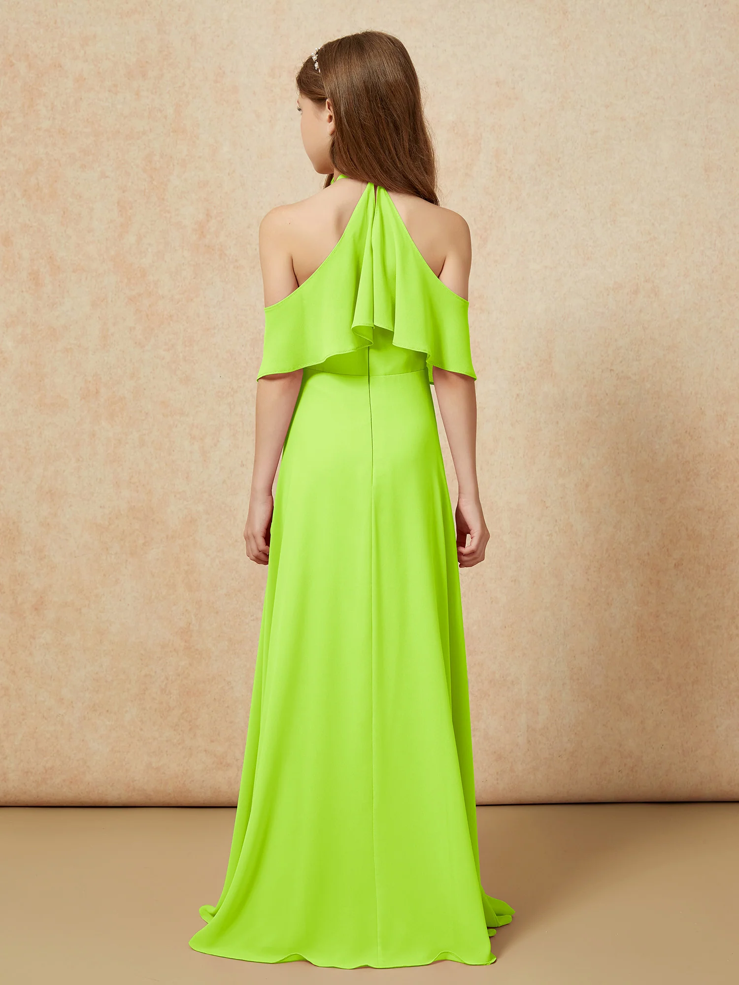 Simple Halter Floor-length Junior Bridesmaid Dress Lime Green - Image 2