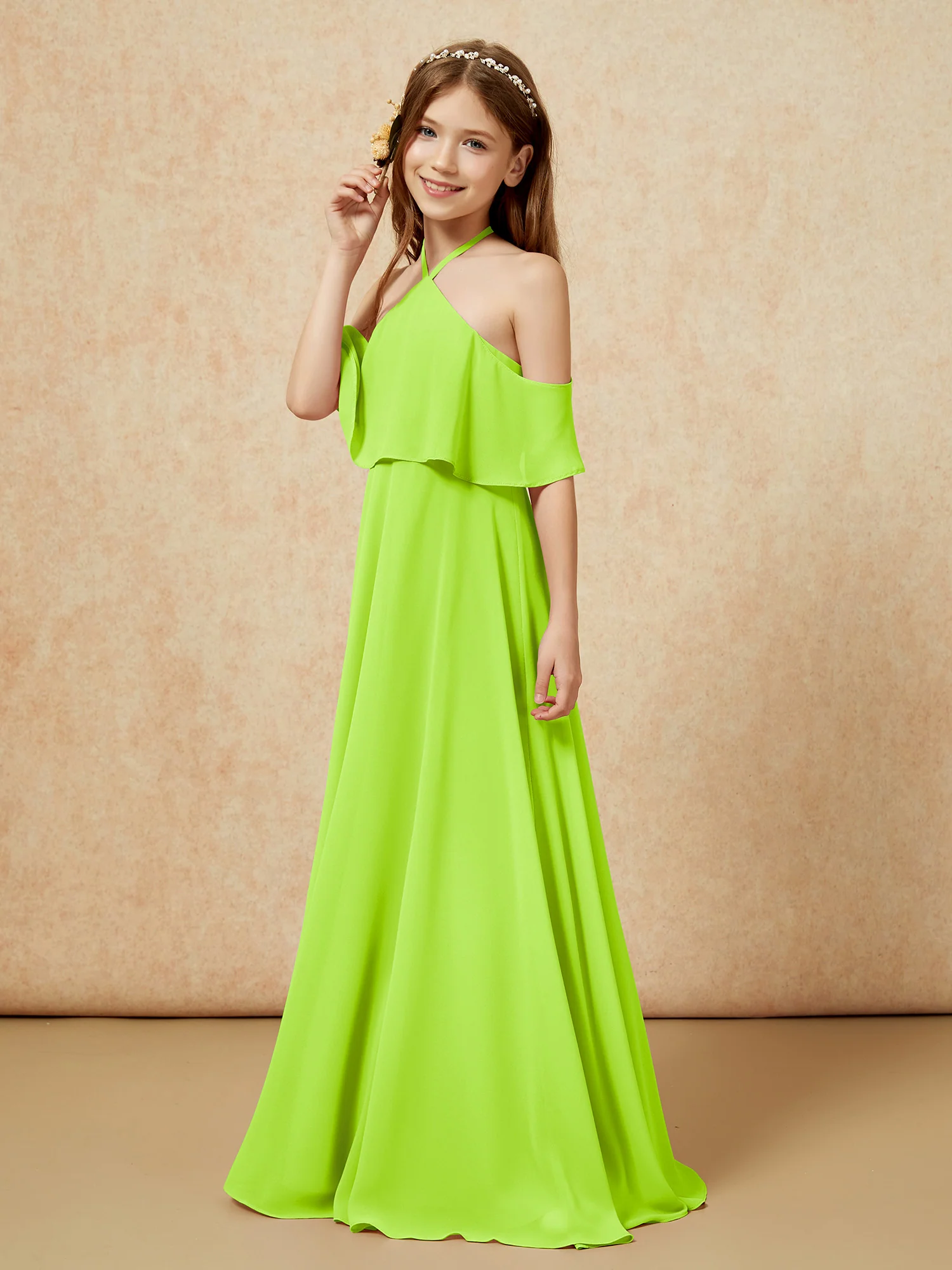 Simple Halter Floor-length Junior Bridesmaid Dress Lime Green - Image 3