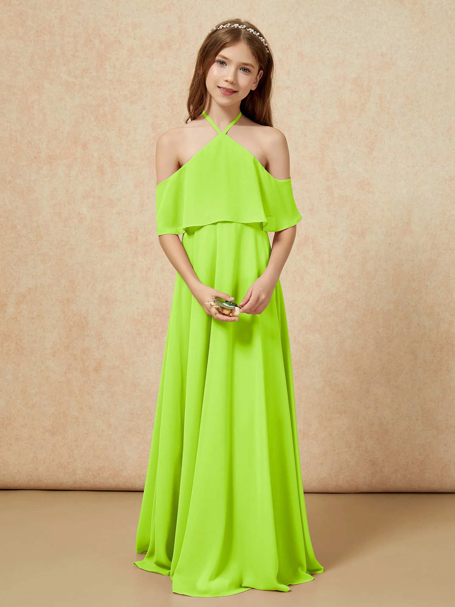 Simple Halter Floor-length Junior Bridesmaid Dress Lime Green - Image 4