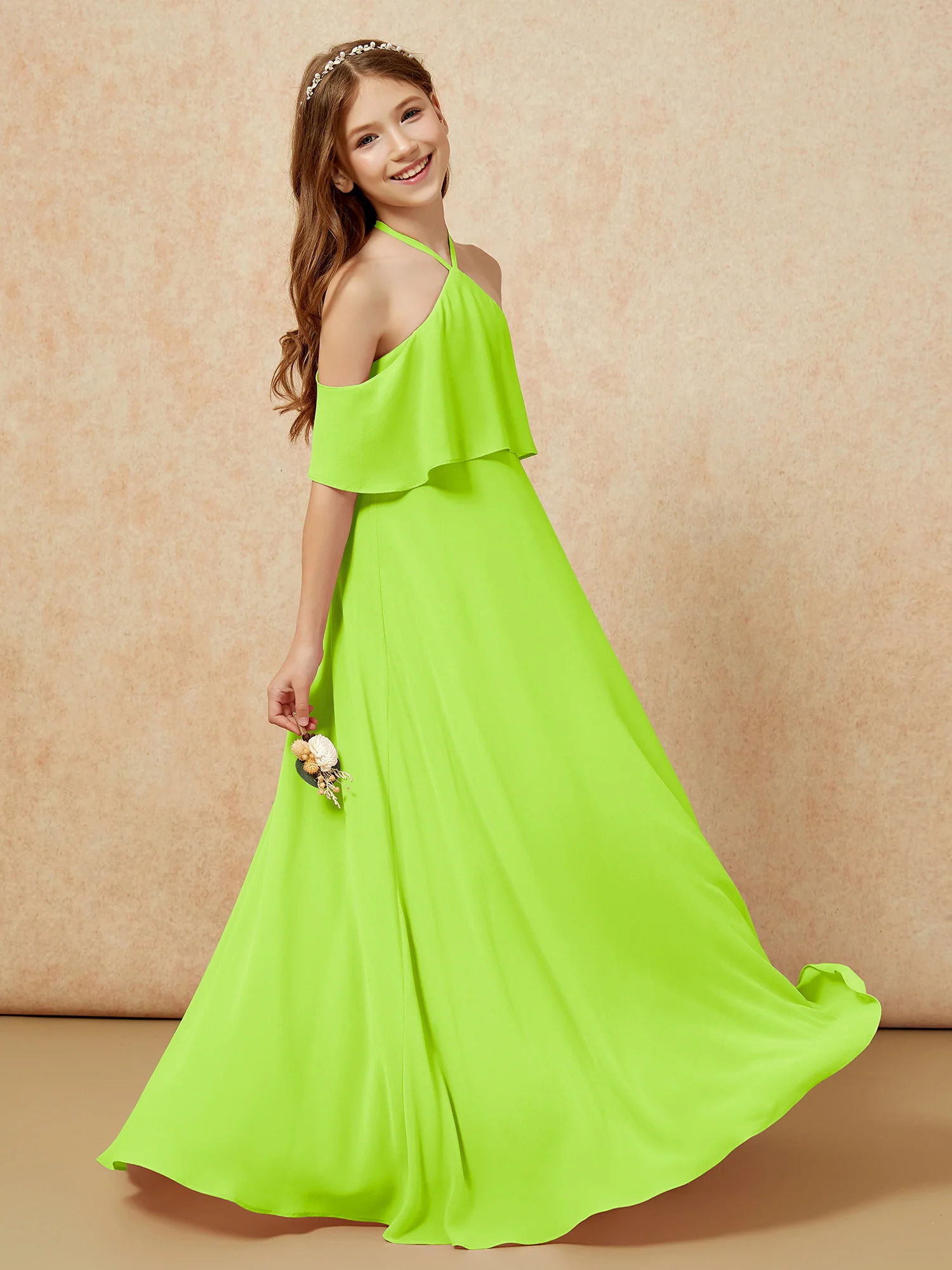Simple Halter Floor-length Junior Bridesmaid Dress Lime Green - Image 5