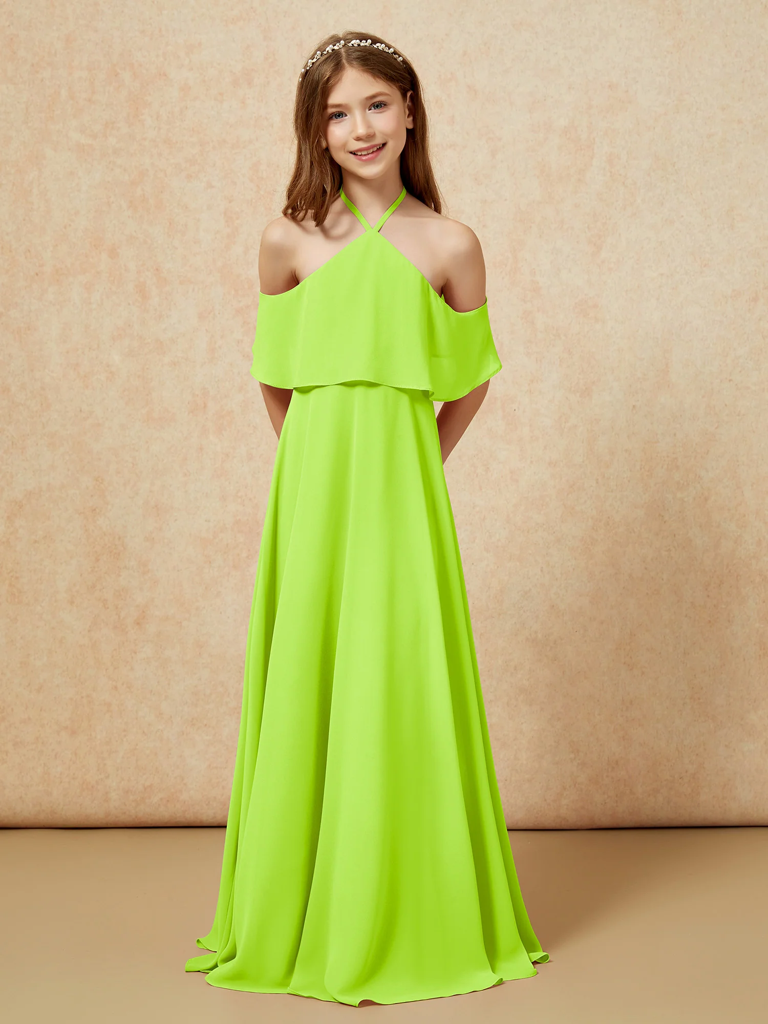 Simple Halter Floor-length Junior Bridesmaid Dress Lime Green - Image 6
