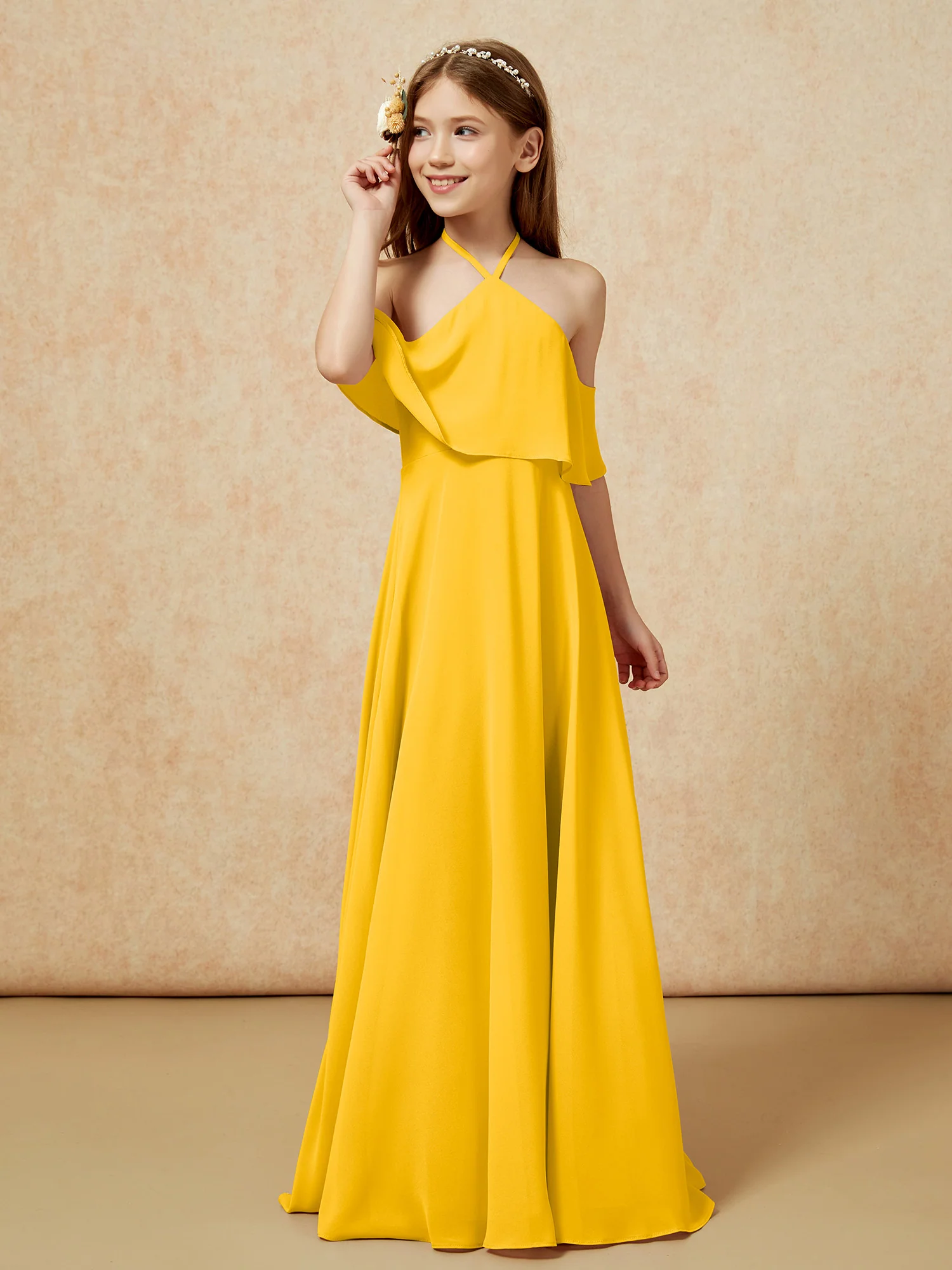 Simple Halter Floor-length Junior Bridesmaid Dress Marigold