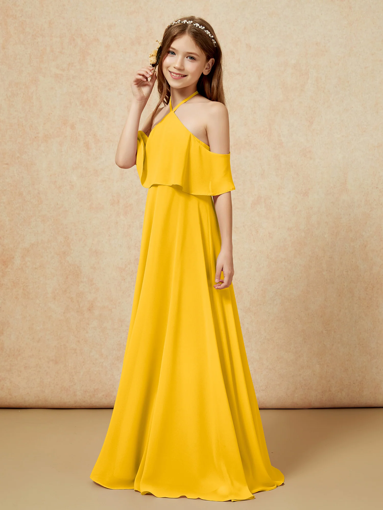 Simple Halter Floor-length Junior Bridesmaid Dress Marigold - Image 3