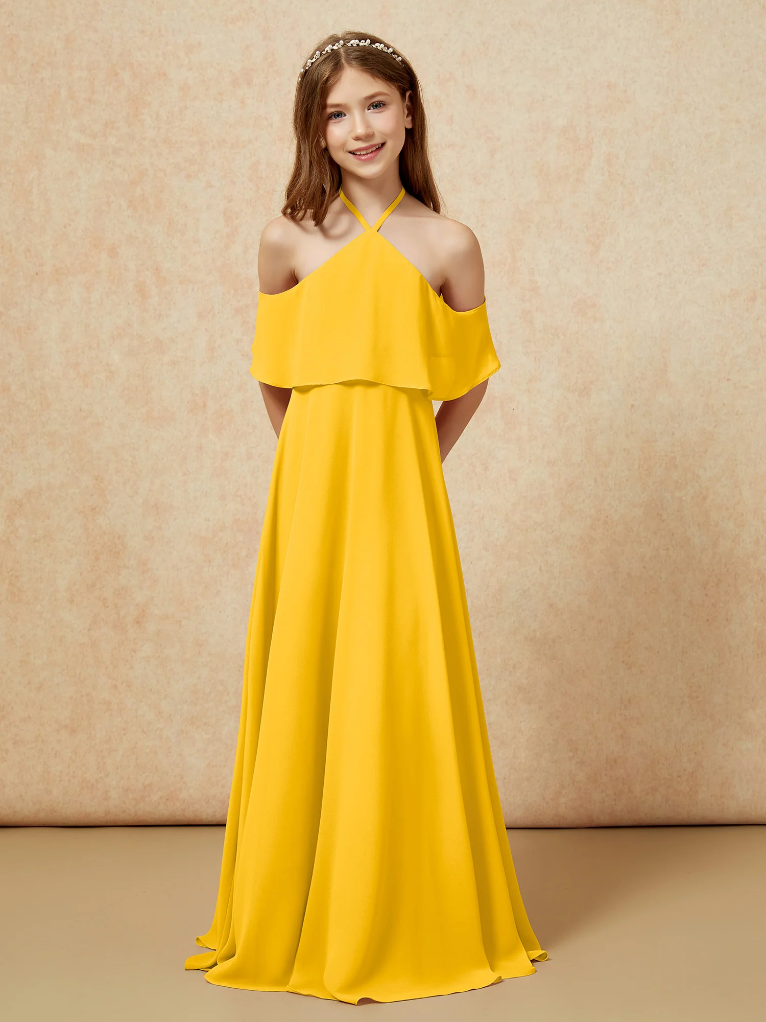 Simple Halter Floor-length Junior Bridesmaid Dress Marigold - Image 6