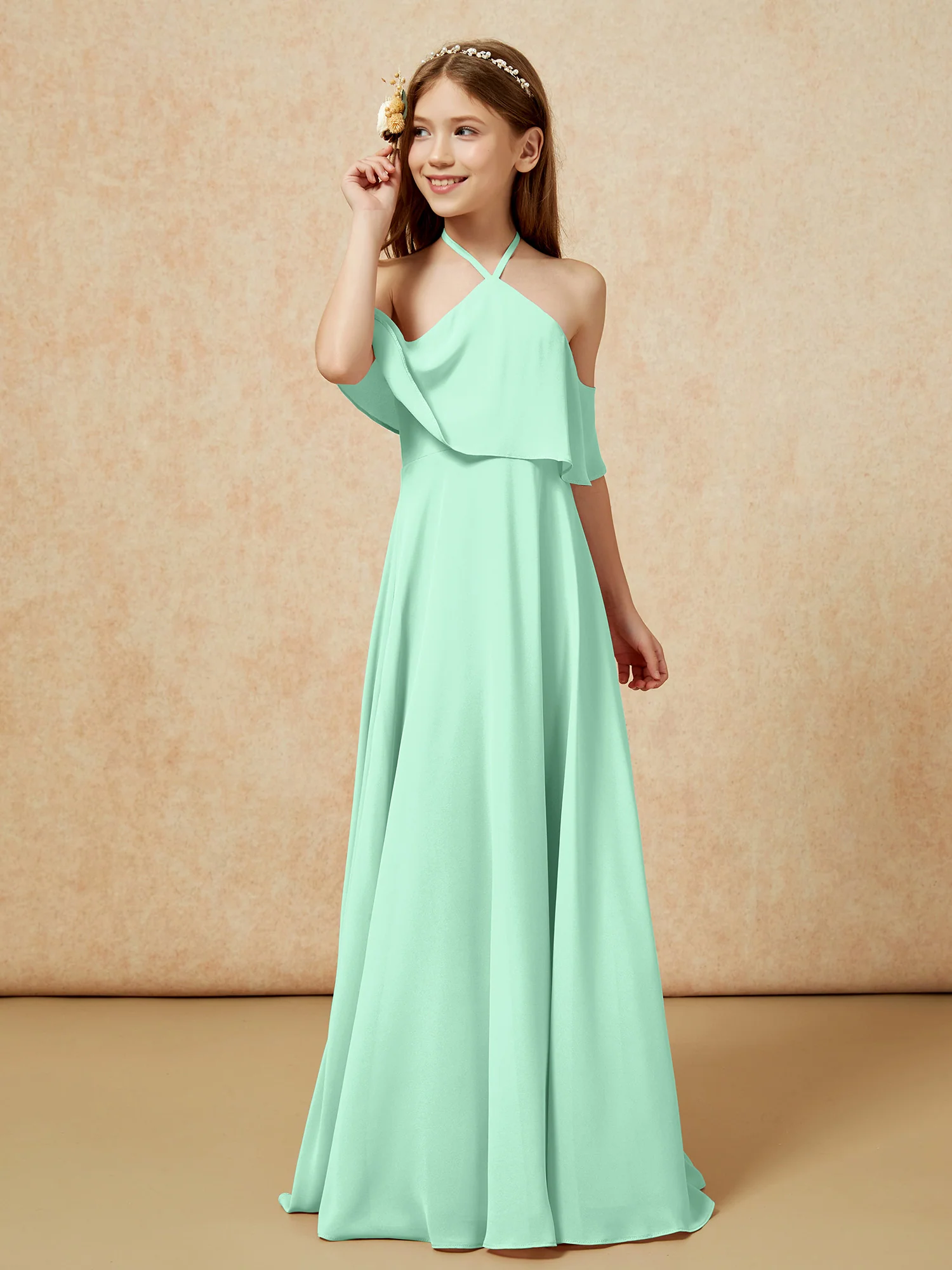 Simple Halter Floor-length Junior Bridesmaid Dress Mint Green
