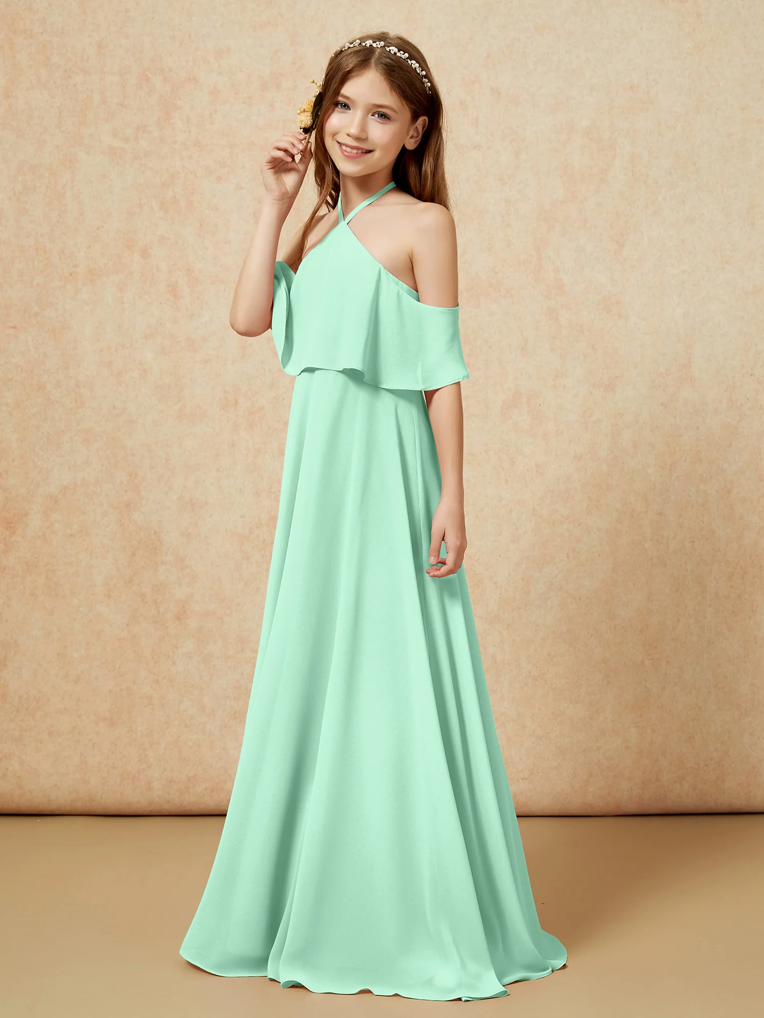 Simple Halter Floor-length Junior Bridesmaid Dress Mint Green - Image 3