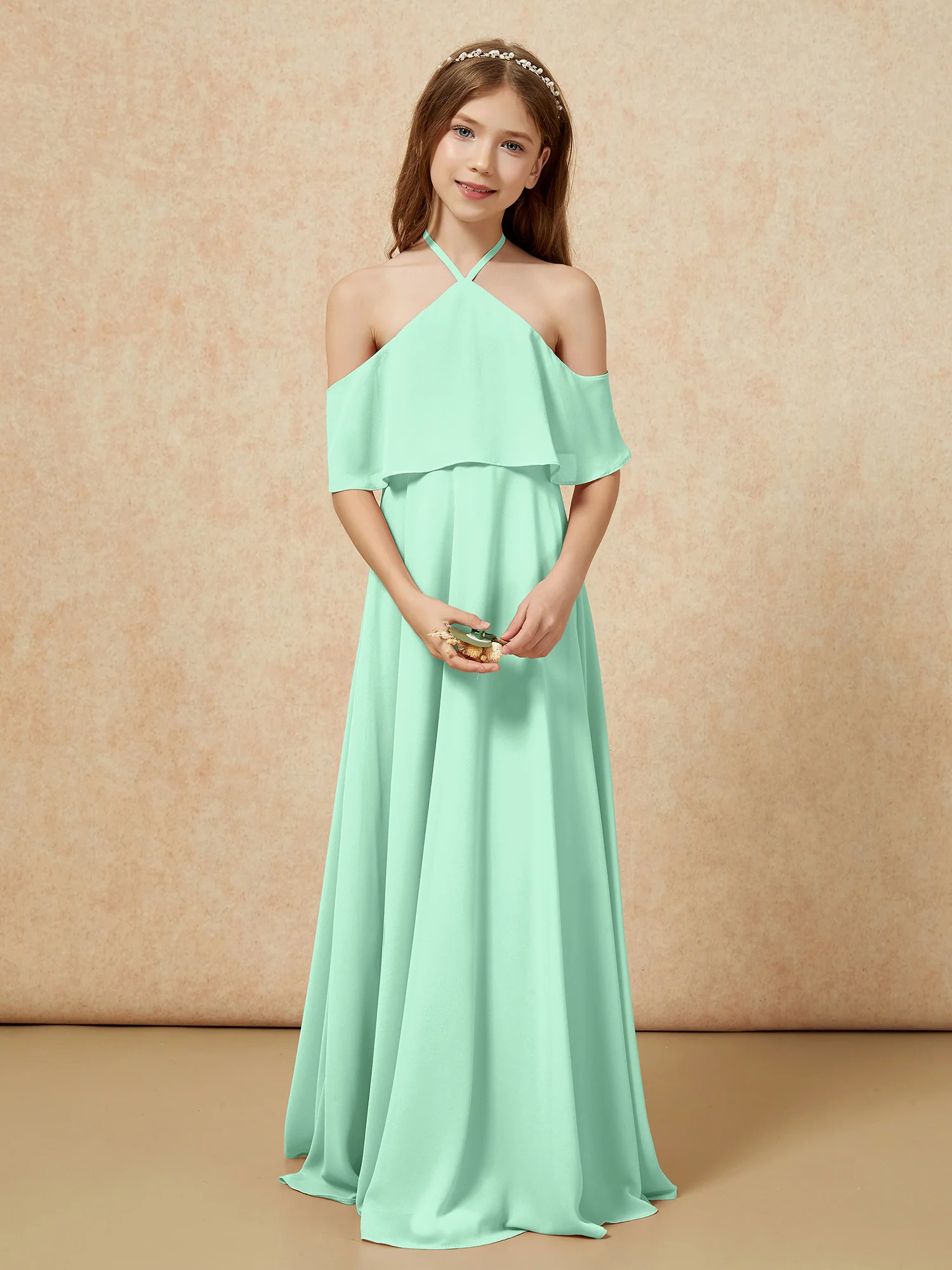 Simple Halter Floor-length Junior Bridesmaid Dress Mint Green - Image 4