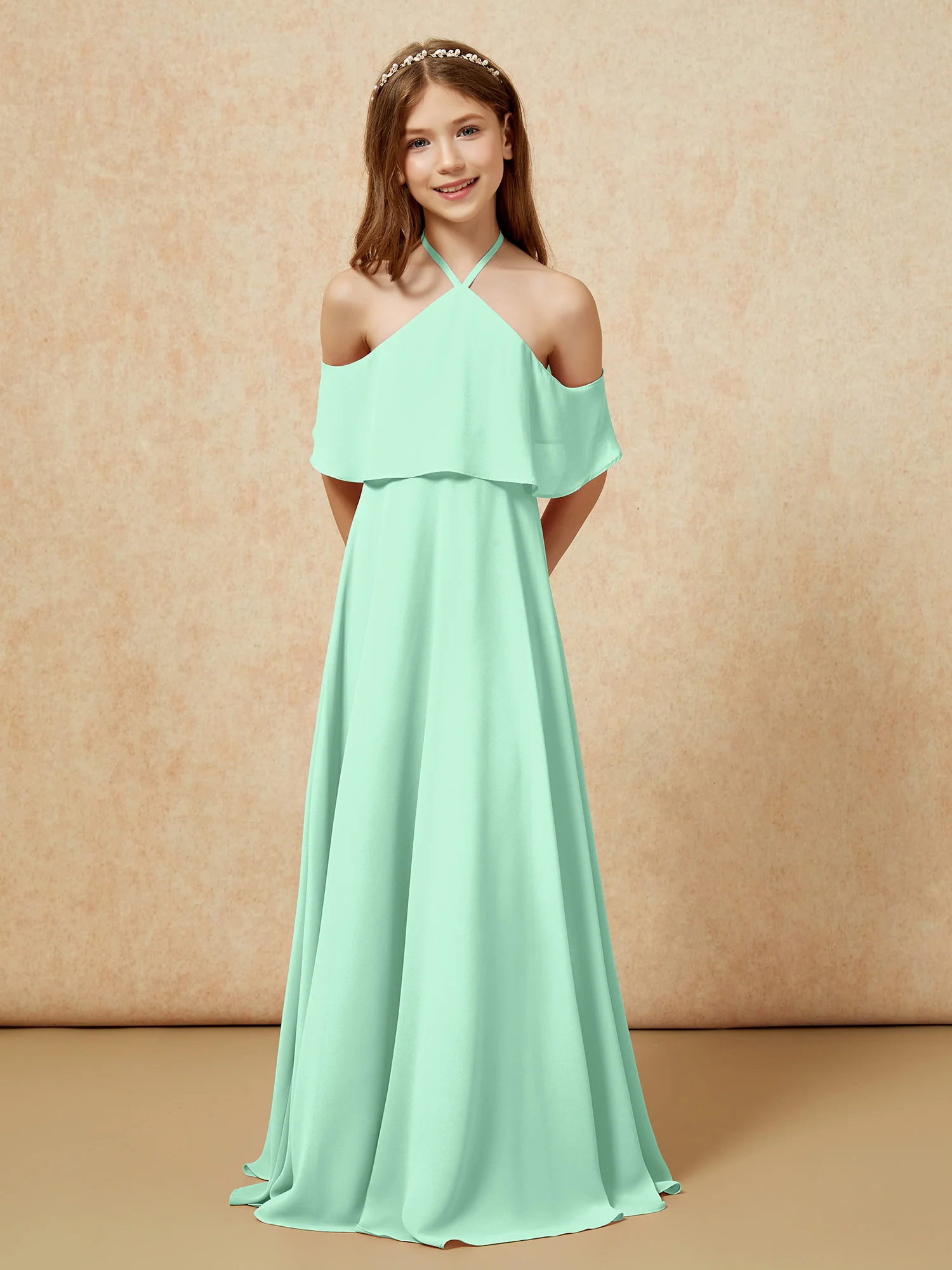Simple Halter Floor-length Junior Bridesmaid Dress Mint Green - Image 6