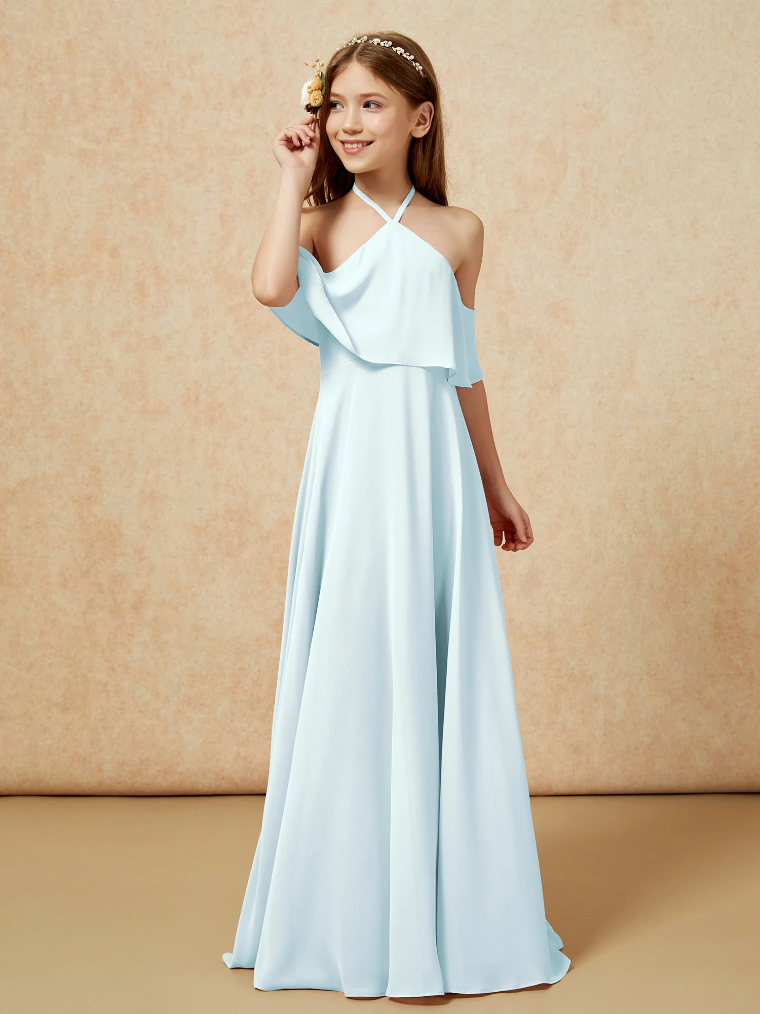 Simple Halter Floor-length Junior Bridesmaid Dress Mist
