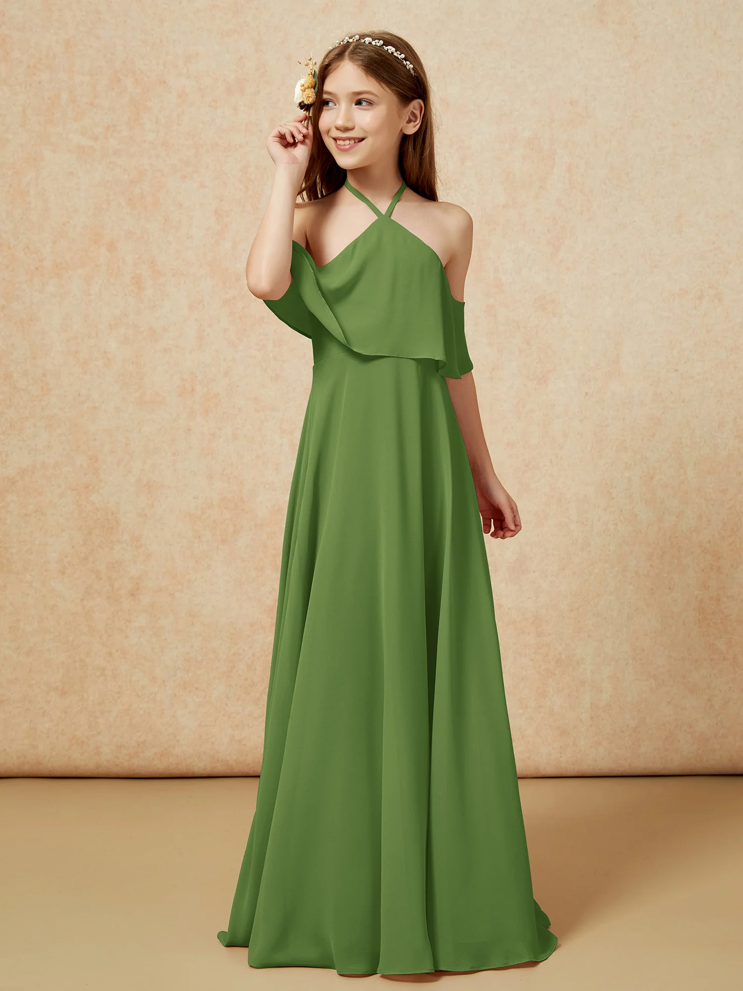 Simple Halter Floor-length Junior Bridesmaid Dress Moss