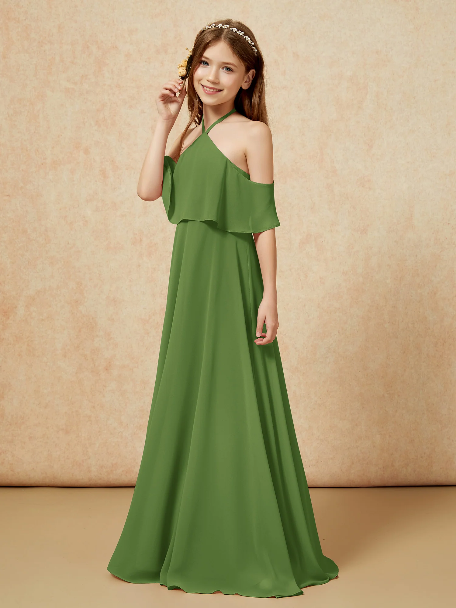 Simple Halter Floor-length Junior Bridesmaid Dress Moss - Image 3