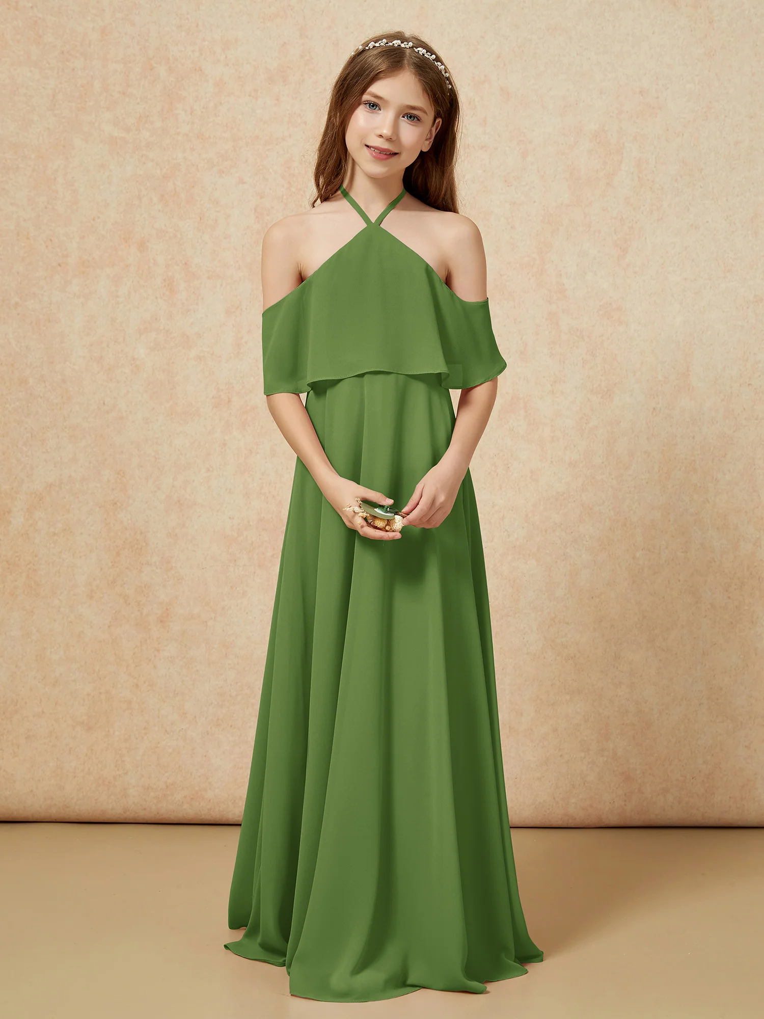 Simple Halter Floor-length Junior Bridesmaid Dress Moss - Image 4