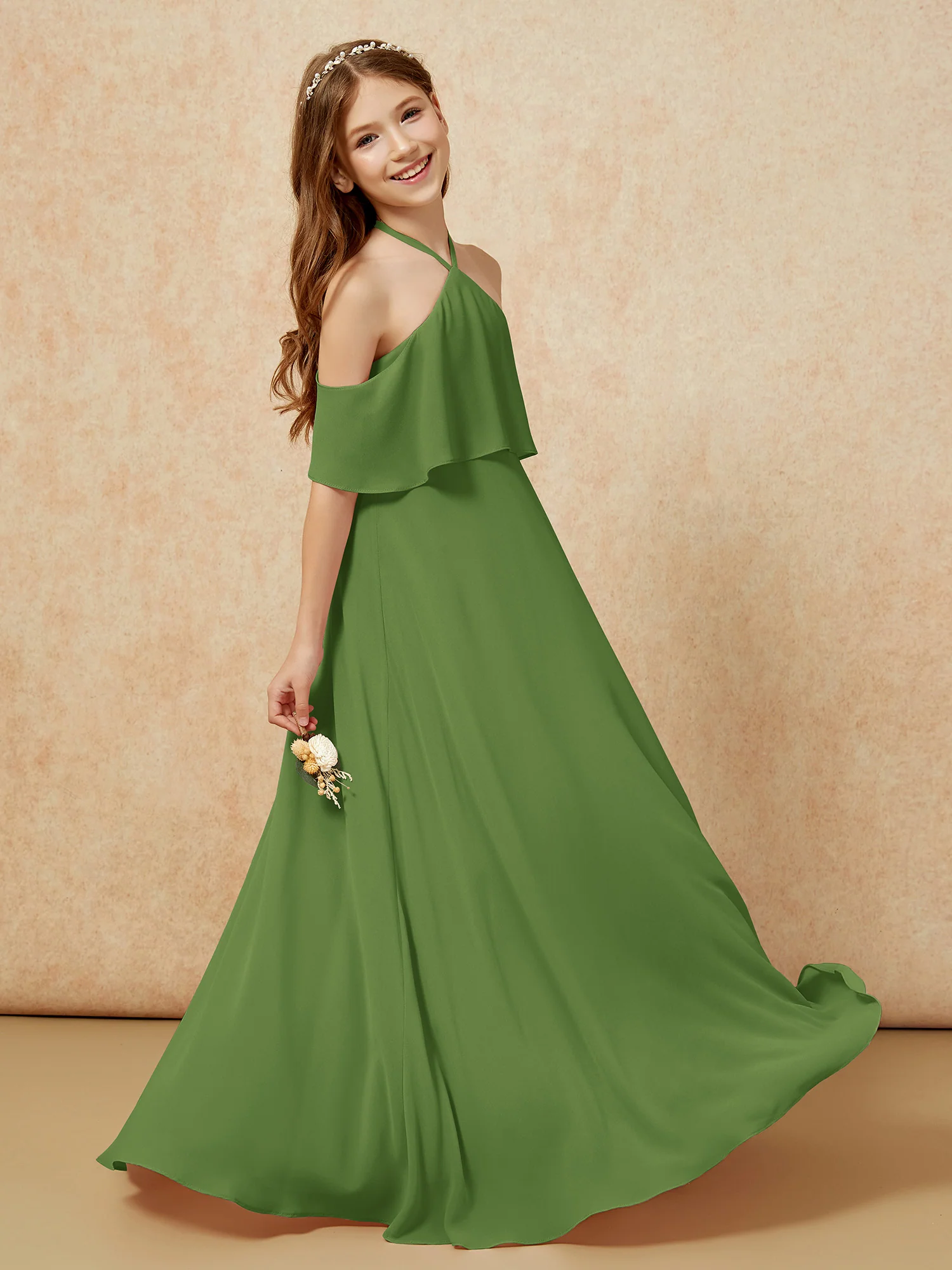 Simple Halter Floor-length Junior Bridesmaid Dress Moss - Image 5