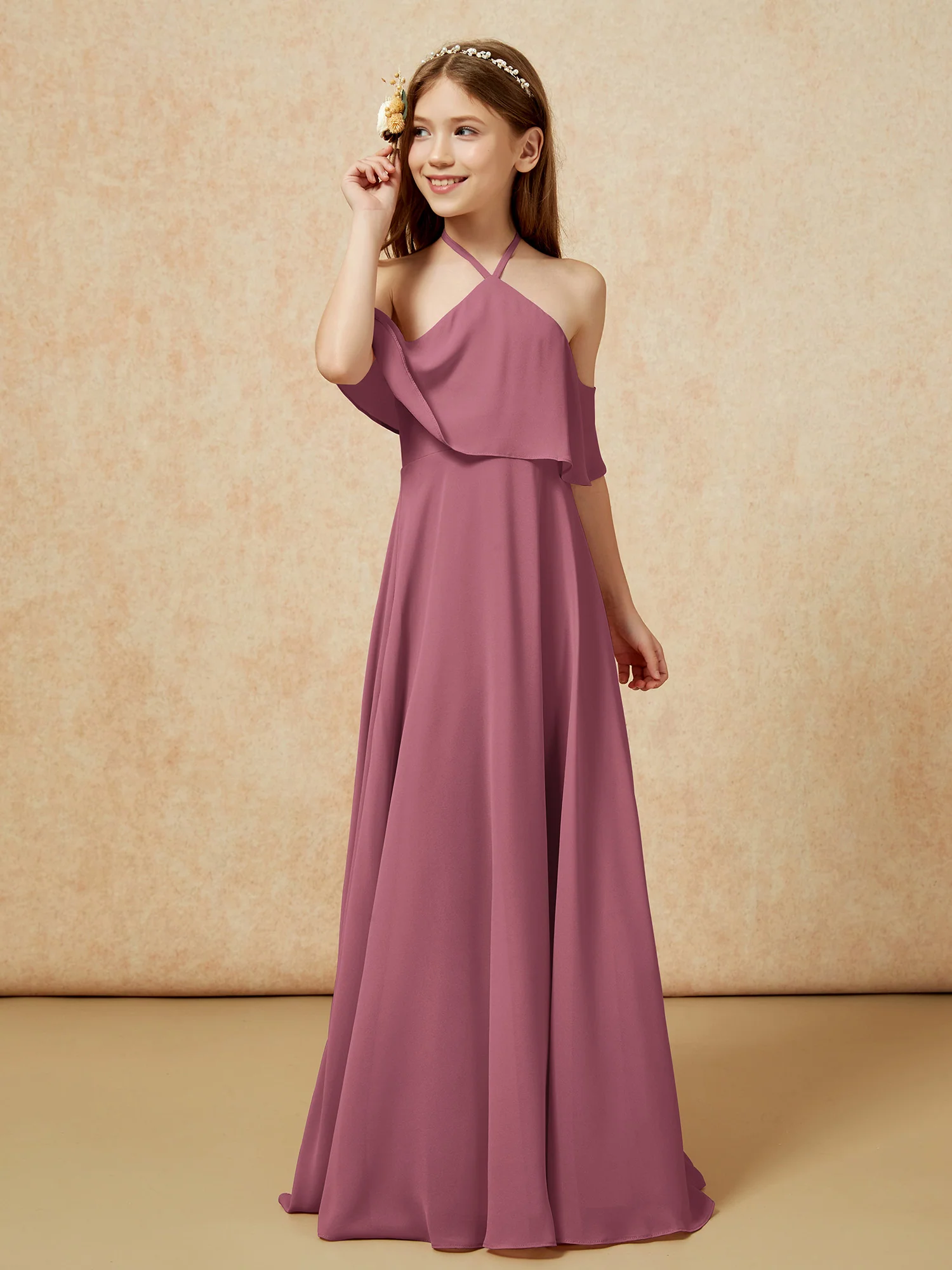 Simple Halter Floor-length Junior Bridesmaid Dress Mulberry