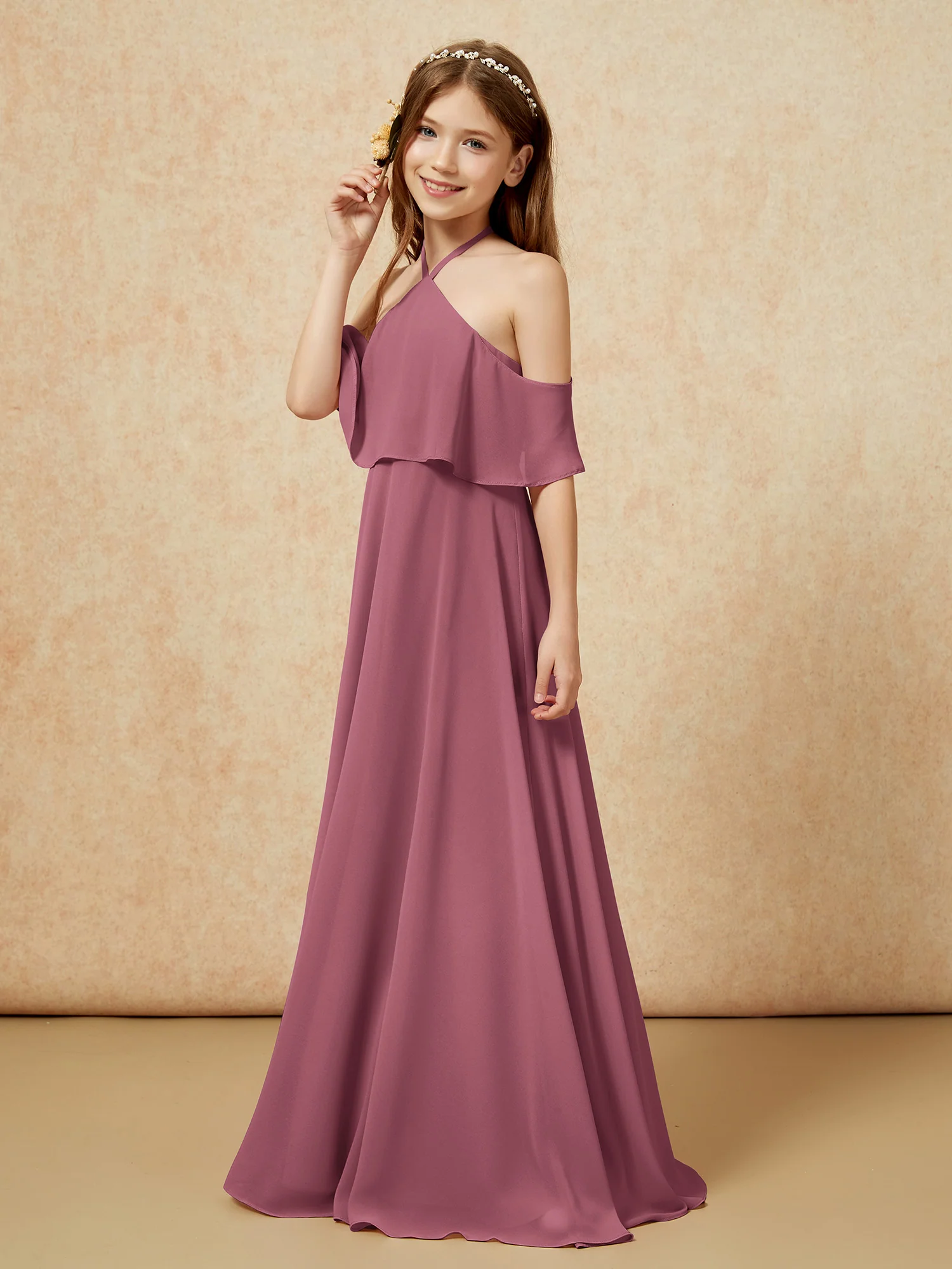 Simple Halter Floor-length Junior Bridesmaid Dress Mulberry - Image 3