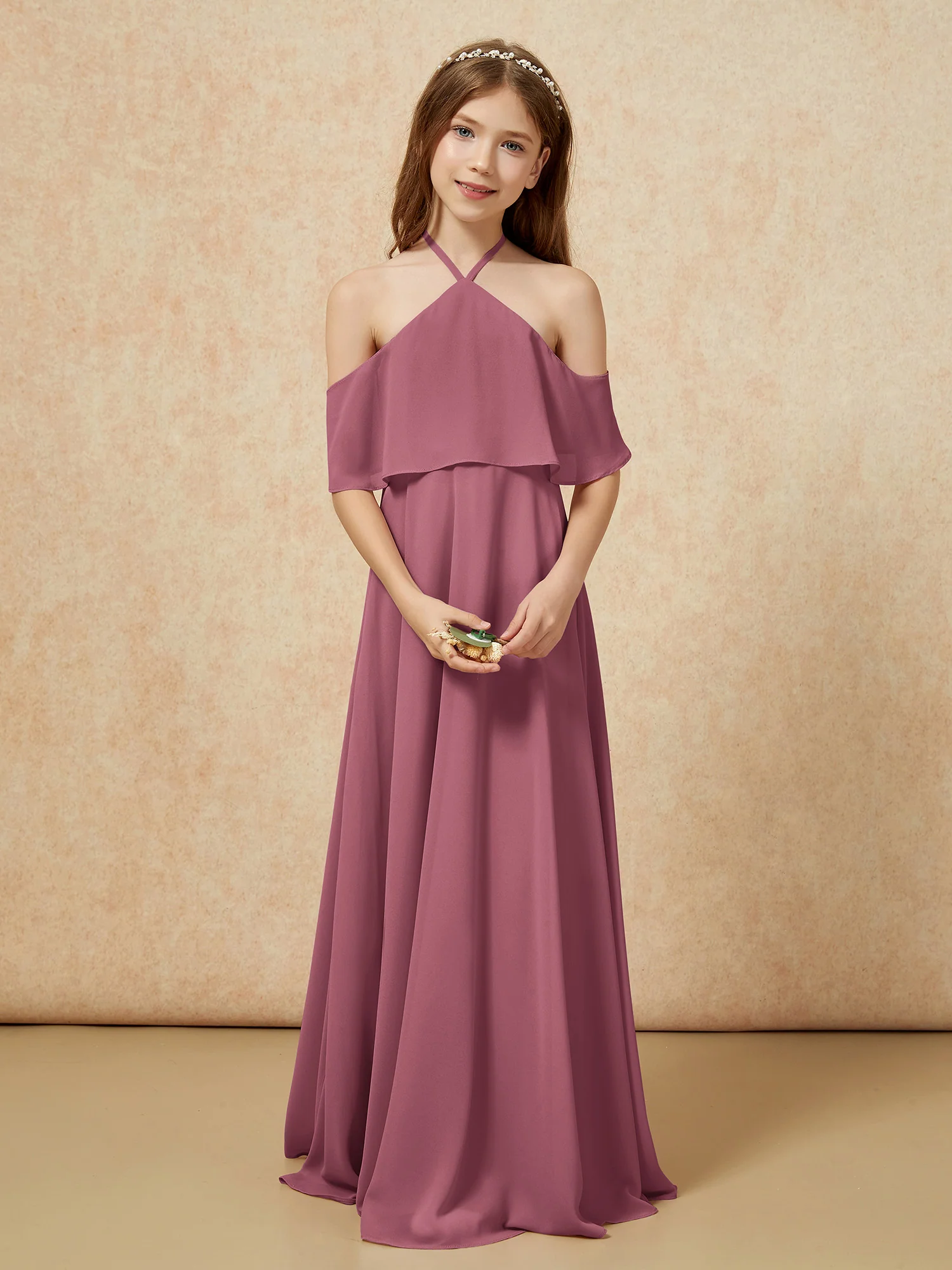 Simple Halter Floor-length Junior Bridesmaid Dress Mulberry - Image 4