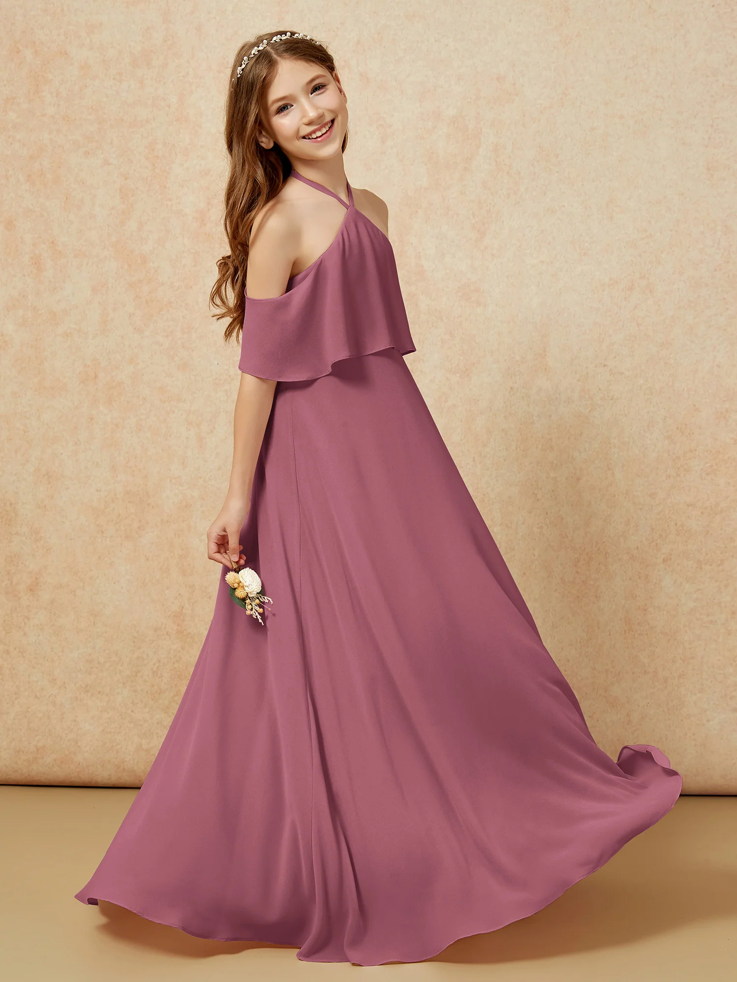 Simple Halter Floor-length Junior Bridesmaid Dress Mulberry - Image 5