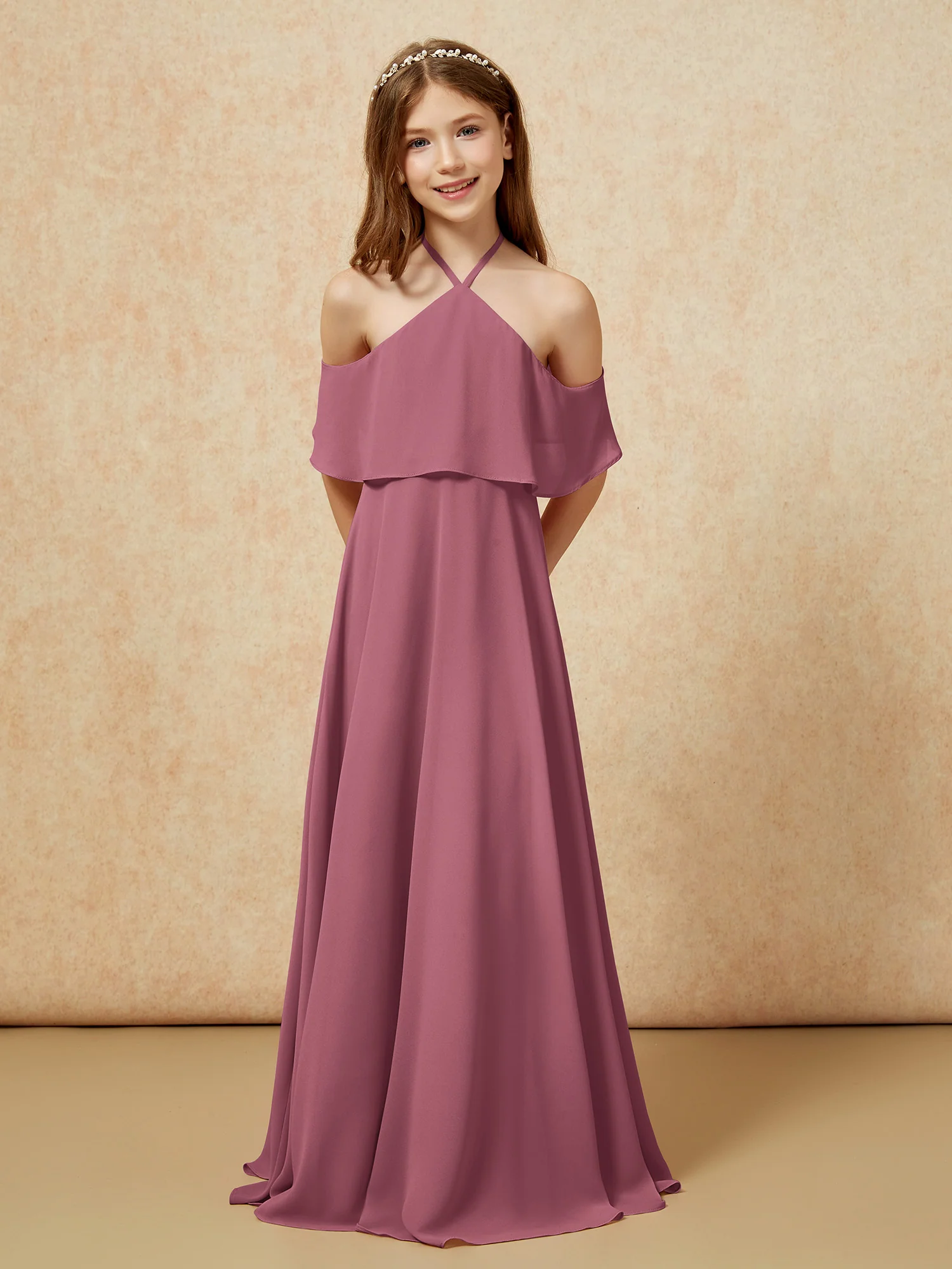 Simple Halter Floor-length Junior Bridesmaid Dress Mulberry - Image 6