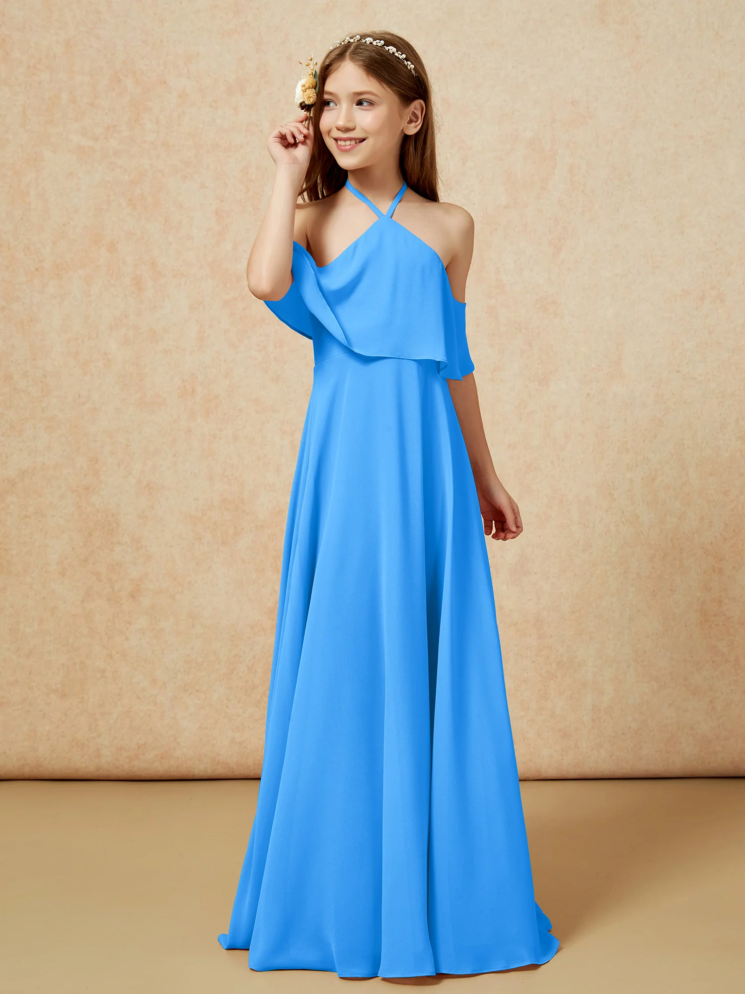 Simple Halter Floor-length Junior Bridesmaid Dress Ocean Blue