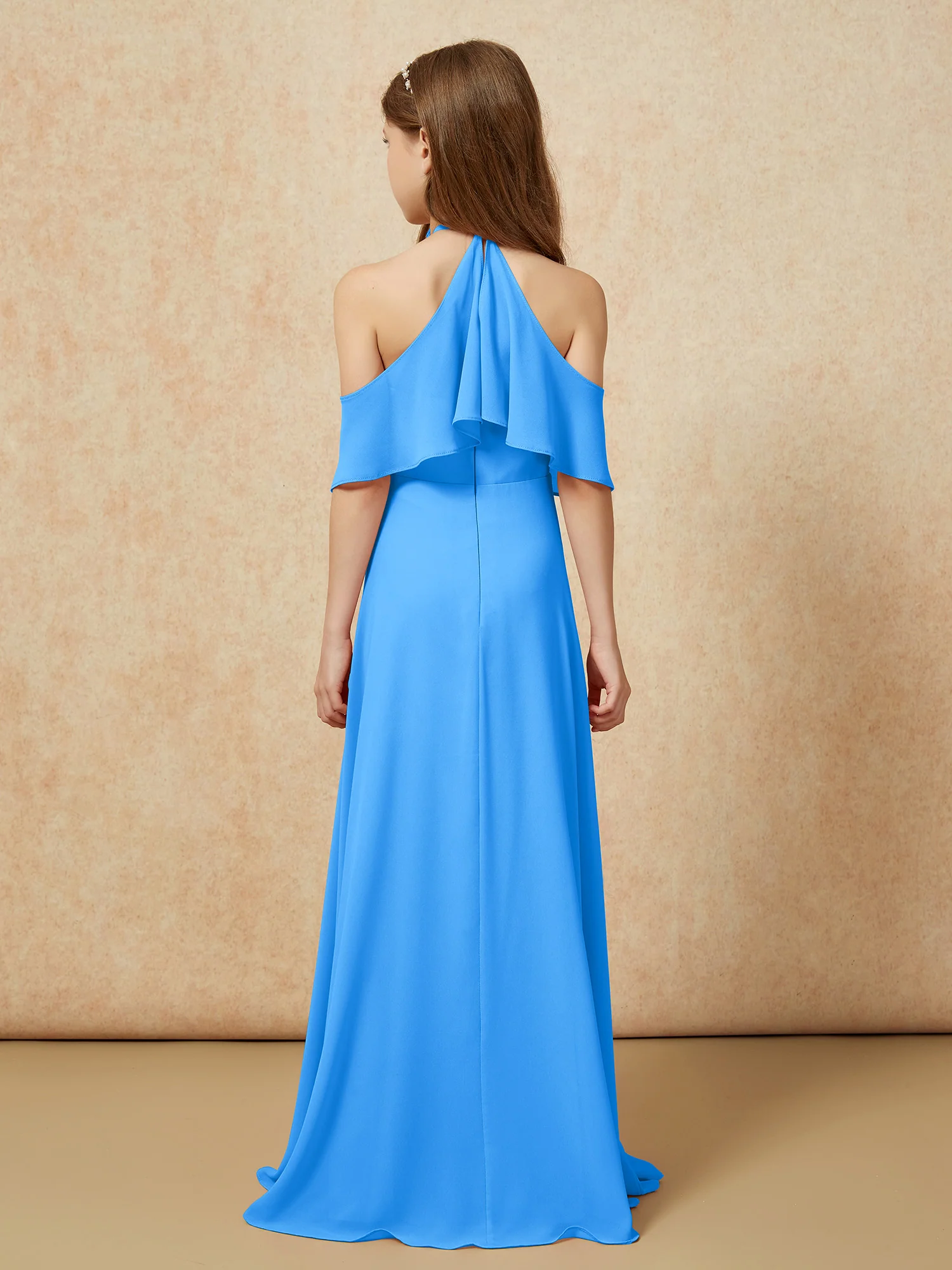 Simple Halter Floor-length Junior Bridesmaid Dress Ocean Blue - Image 2
