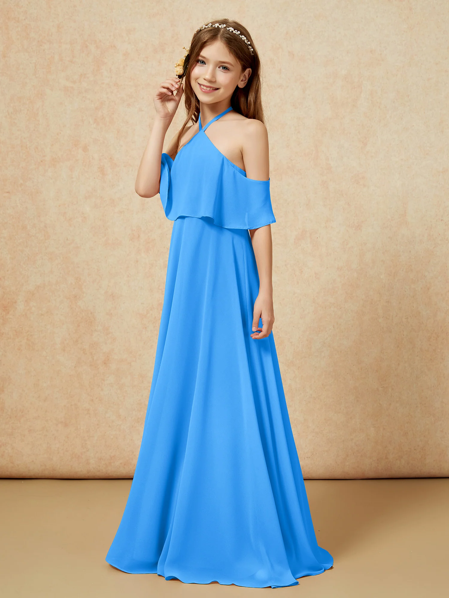 Simple Halter Floor-length Junior Bridesmaid Dress Ocean Blue - Image 3