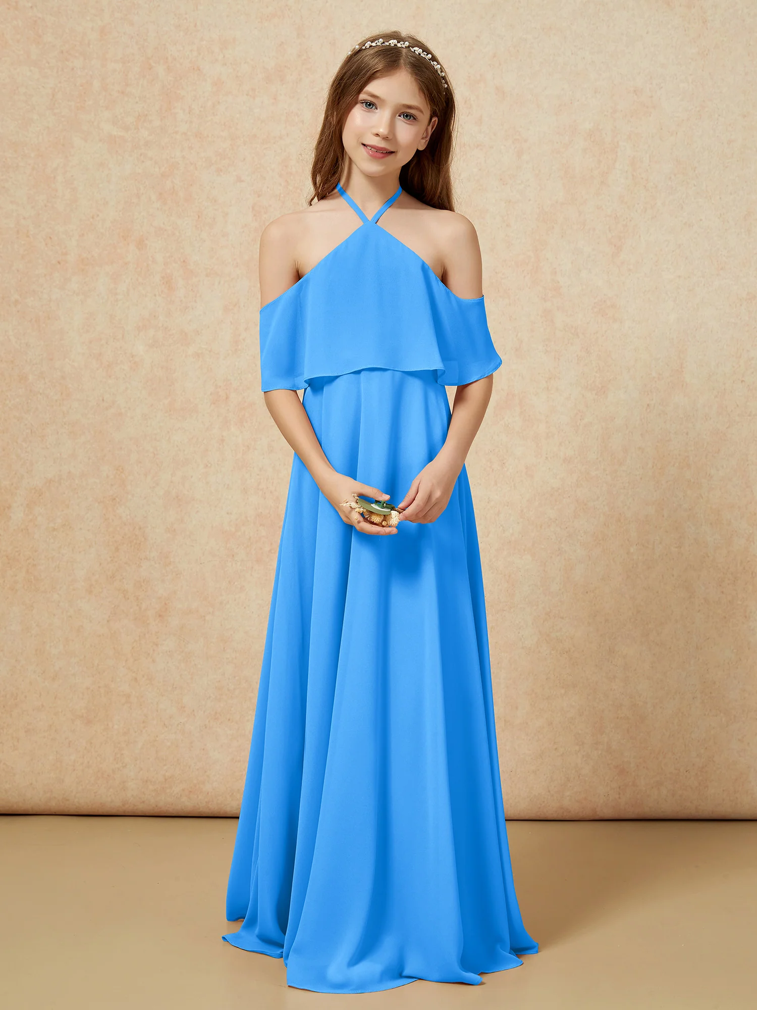 Simple Halter Floor-length Junior Bridesmaid Dress Ocean Blue - Image 4