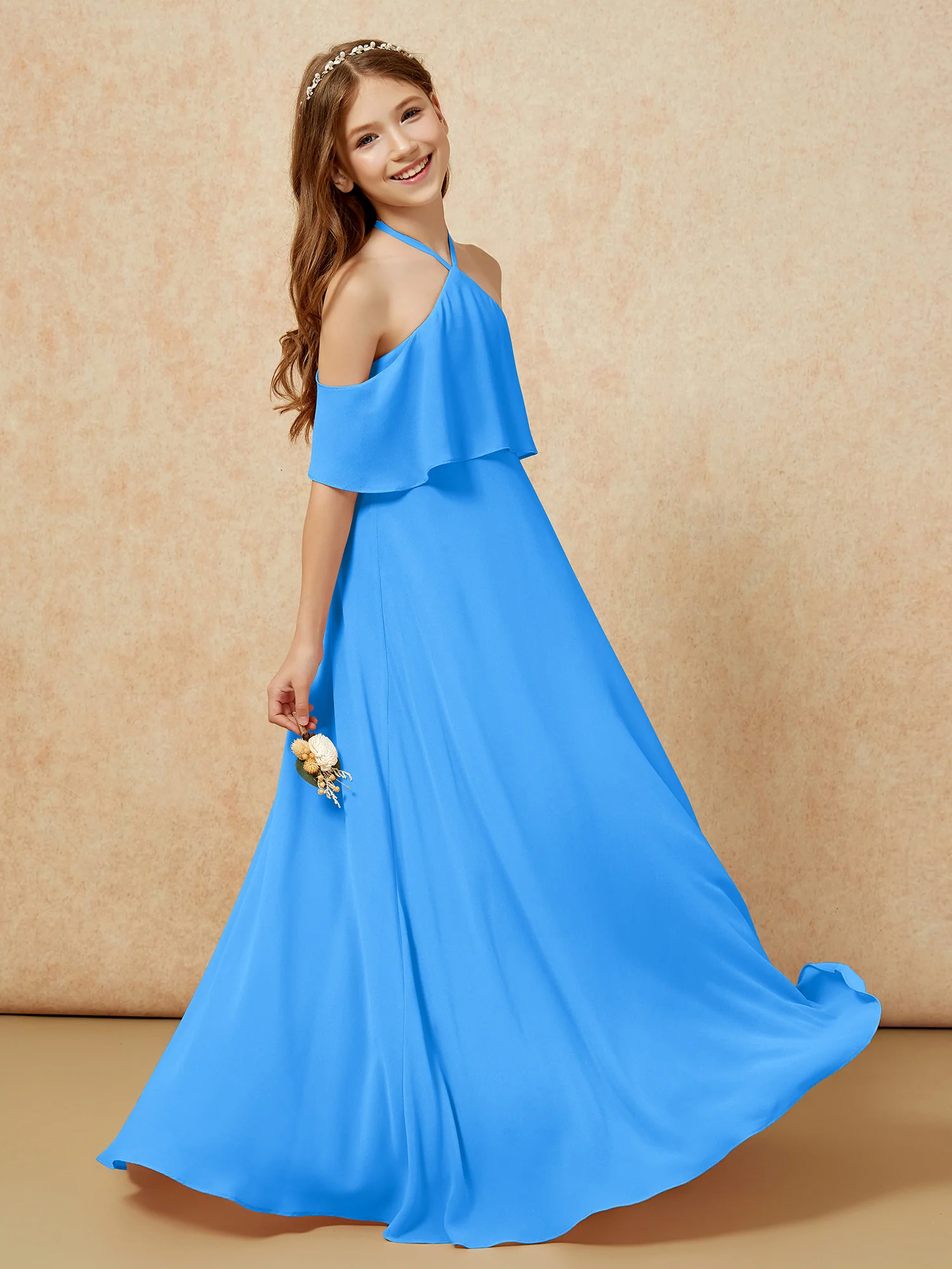 Simple Halter Floor-length Junior Bridesmaid Dress Ocean Blue - Image 5