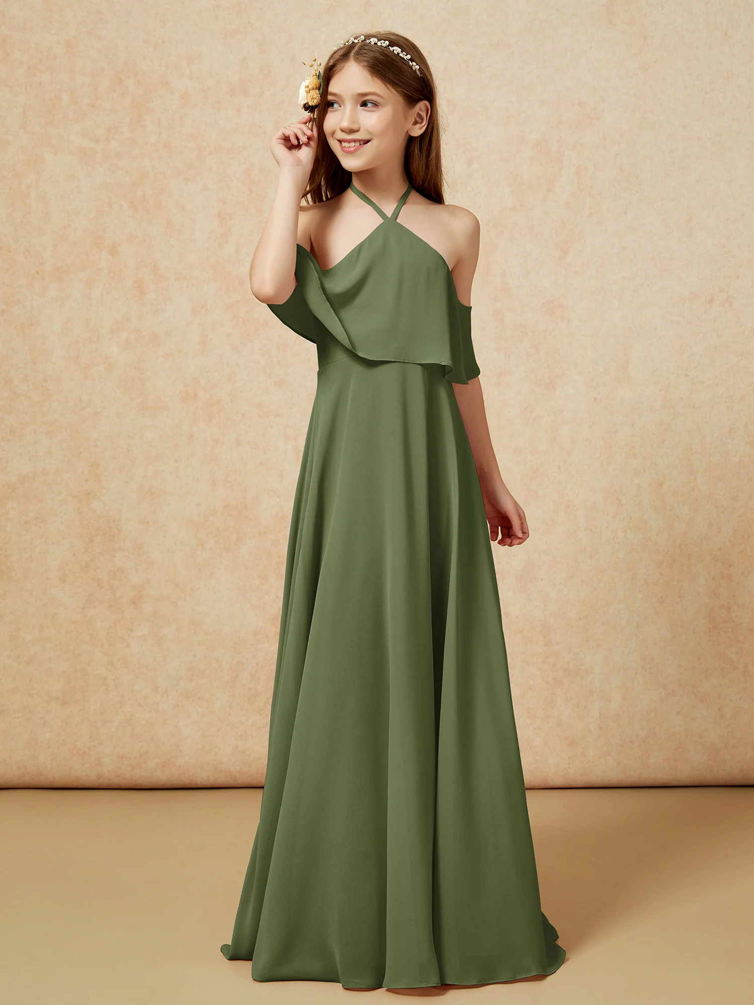 Simple Halter Floor-length Junior Bridesmaid Dress Olive Green