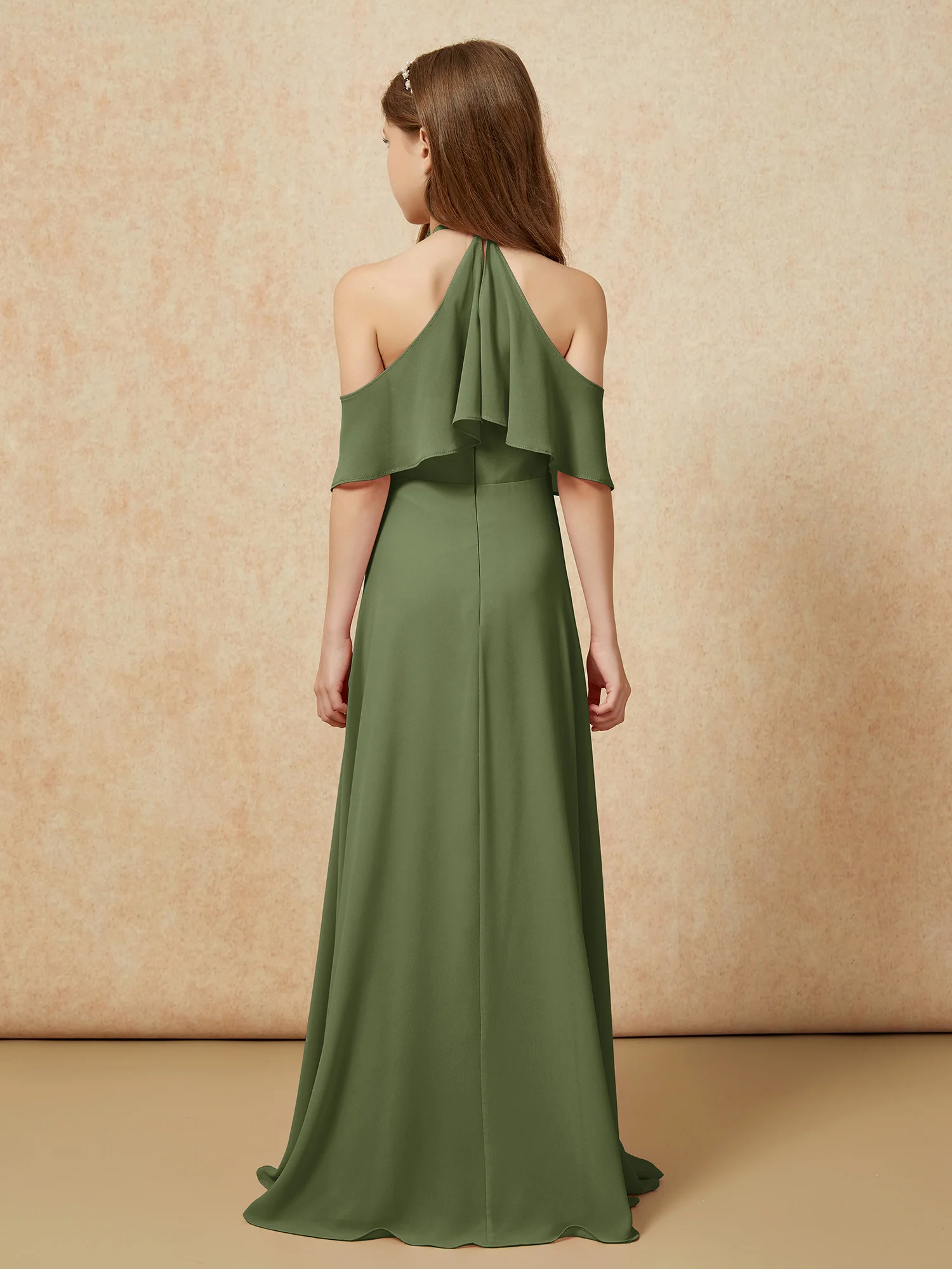 Simple Halter Floor-length Junior Bridesmaid Dress Olive Green - Image 2